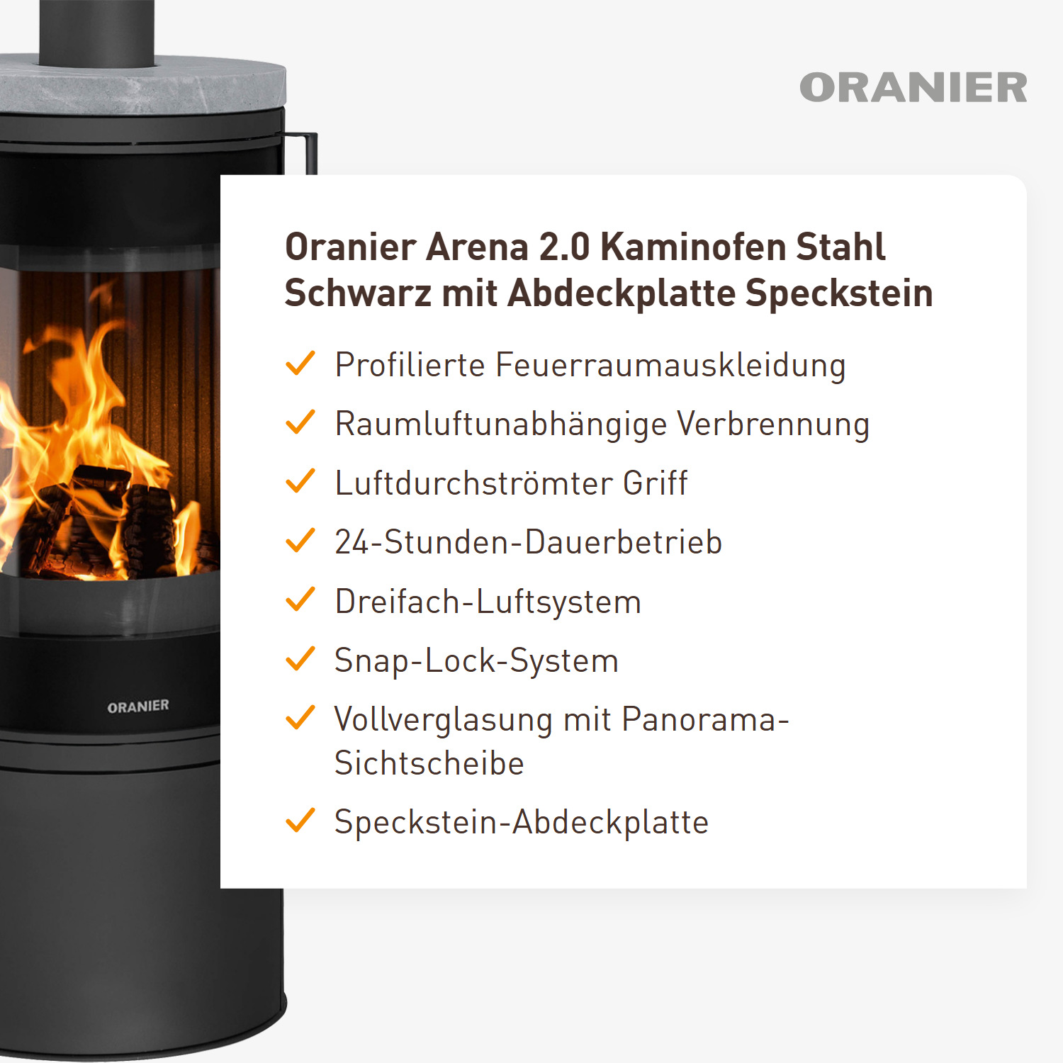 Oranier Arena 2.0 Kaminofen Stahl Schwarz mit Abdeckplatte Speckstein
