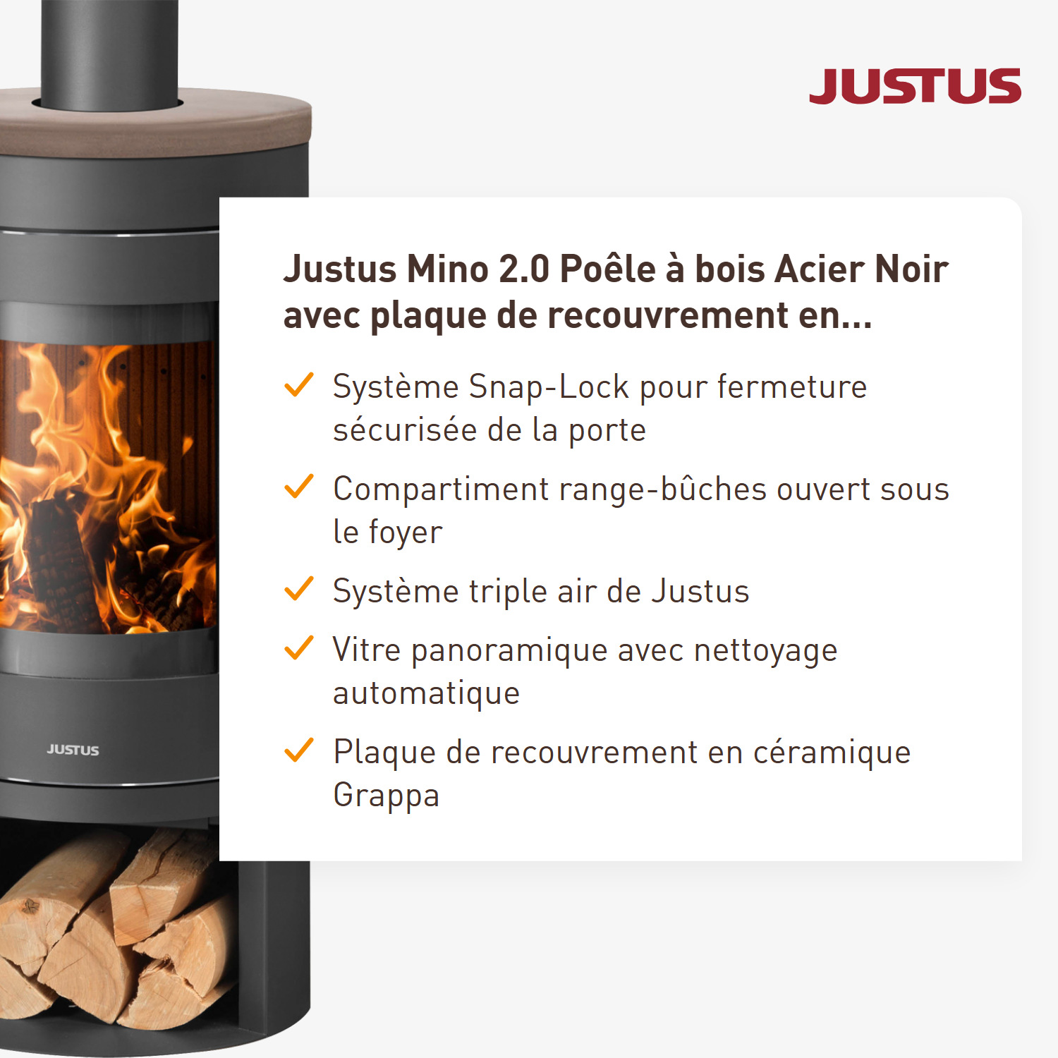 Justus Mino 2.0 Poêle à bois en acier noir avec plaque de recouvrement en céramique Grappa