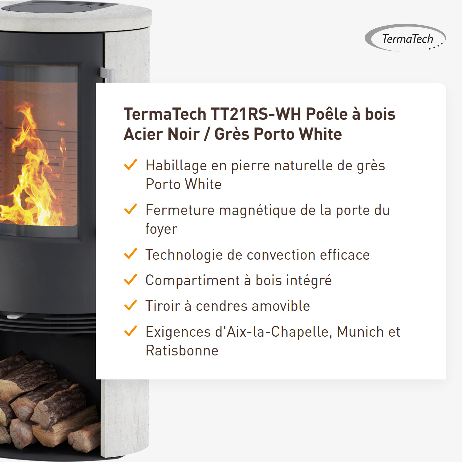 TermaTech TT21RS-WH Poêle à bois acier noir / grès Porto White