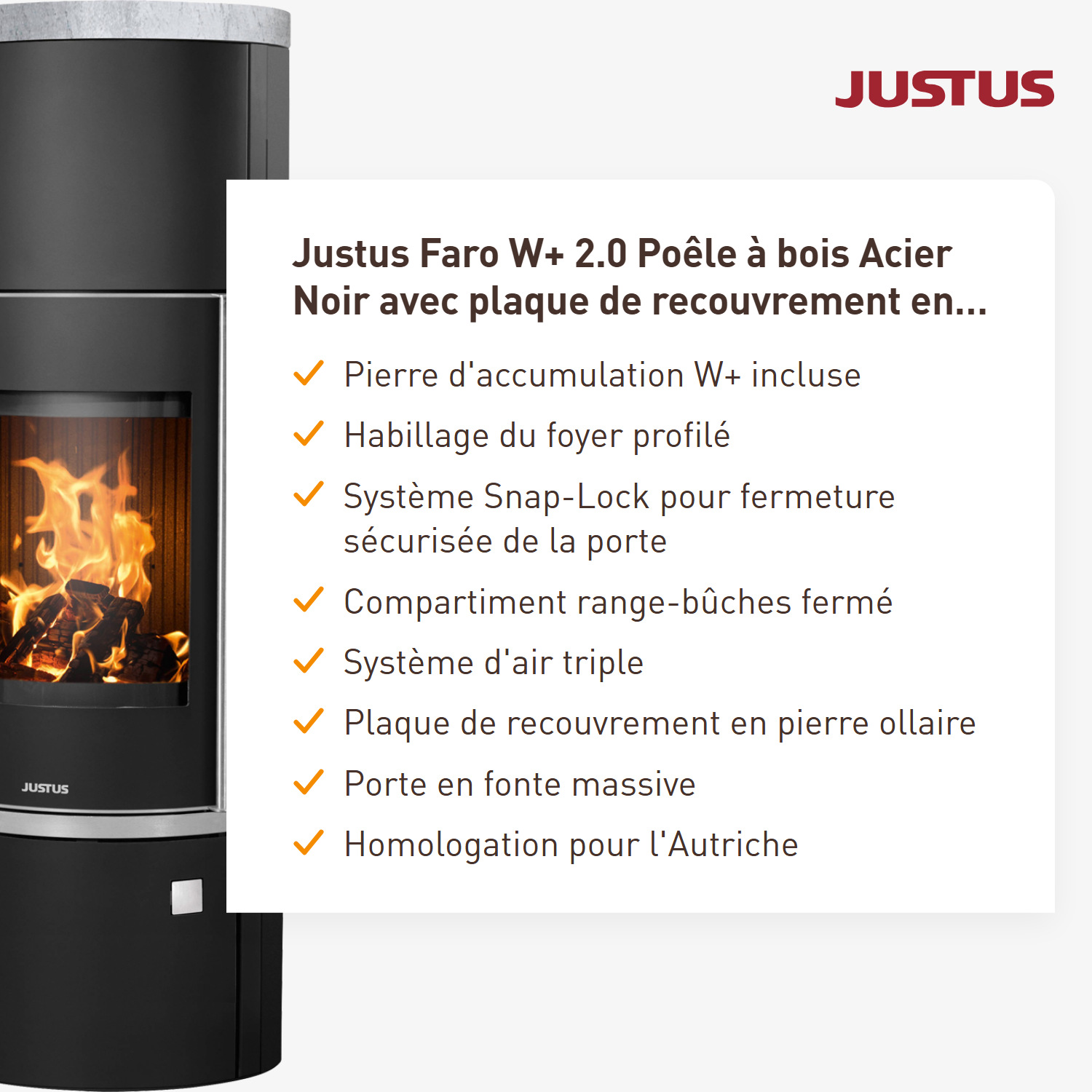 Justus Faro W+ 2.0 Poêle à bois en acier noir avec plaque de recouvrement en stéatite.