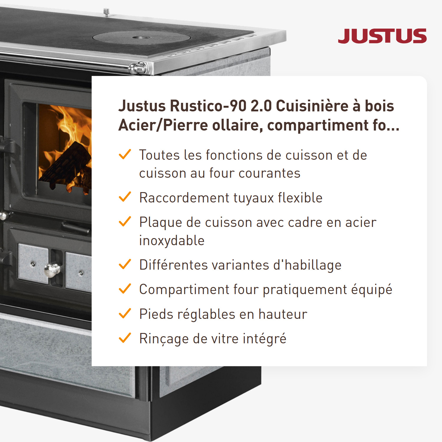 Justus Rustico-90 2.0 Cuisinière en acier/pierre ollaire, four à gauche