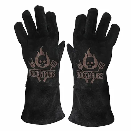 Paar schwarzer hitzebeständiger Handschuhe mit Schriftzug