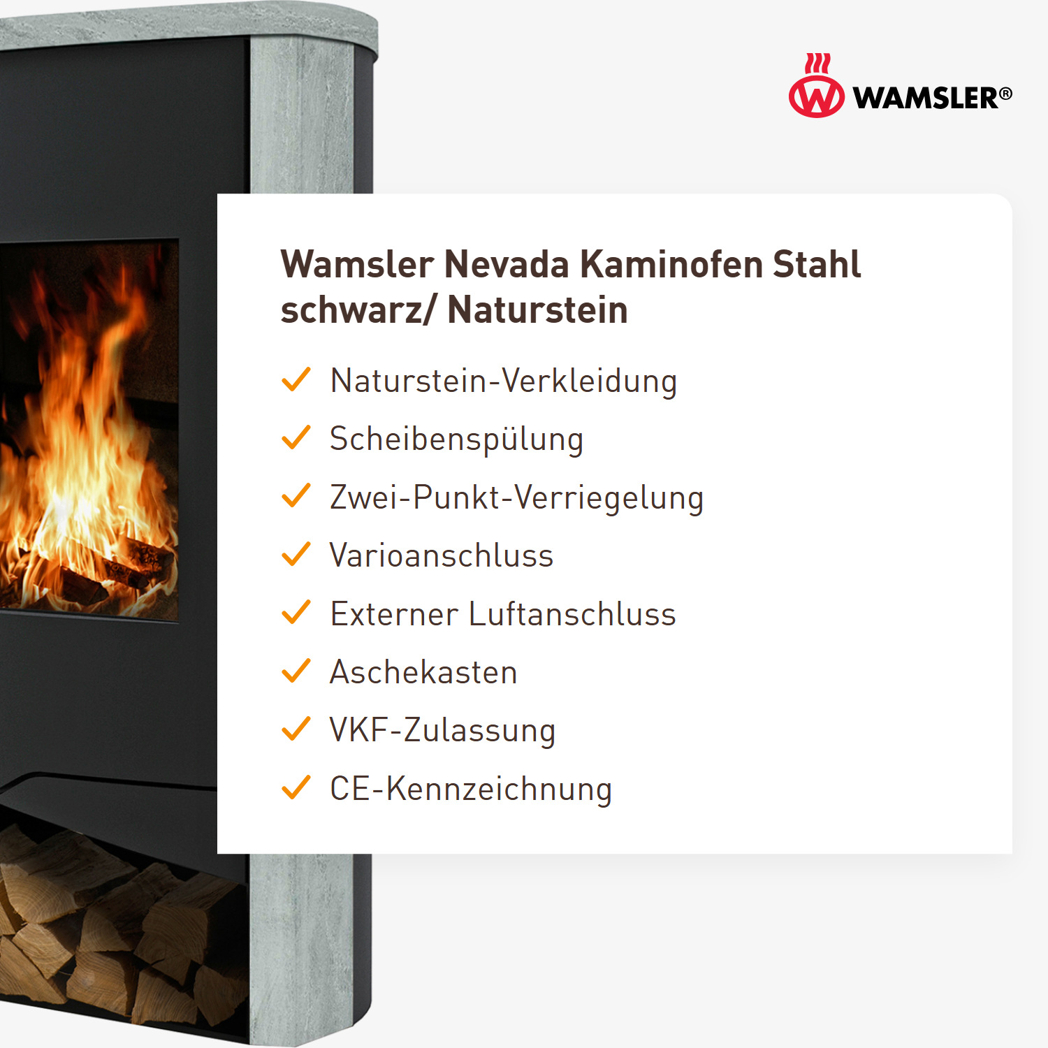 Wamsler Nevada Kaminofen Stahl schwarz/ Naturstein