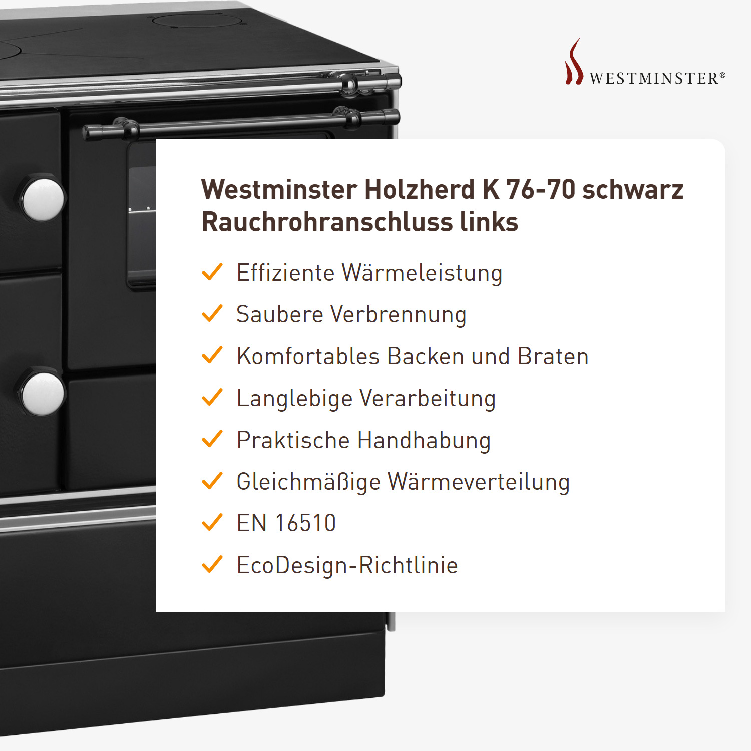 Westminster Holzherd K 76-70 schwarz Rauchrohranschluss links