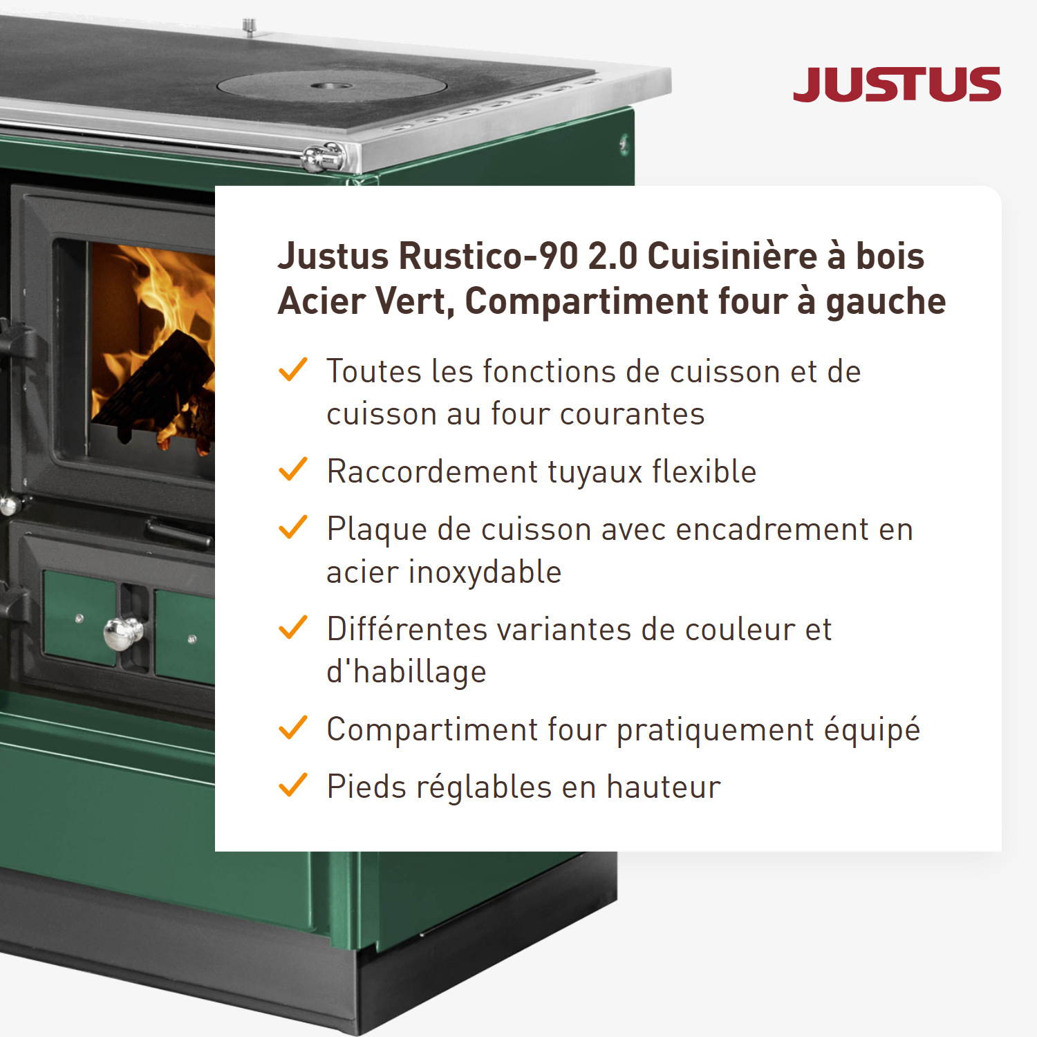 Justus Rustico-90 2.0 Cuisinière à bois en acier vert, four à gauche