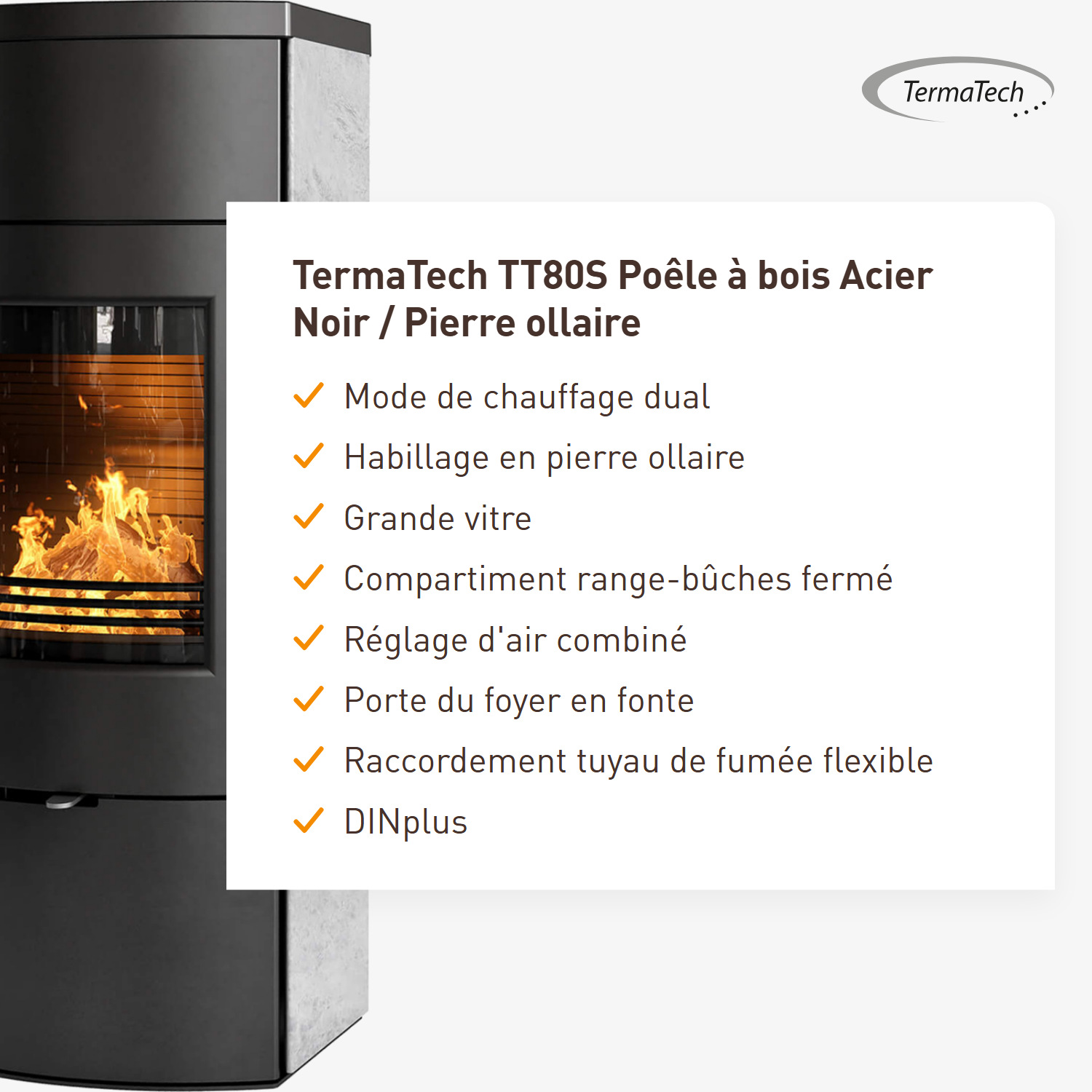 TermaTech TT80S Poêle à bois Acier Noir / Pierre ollaire