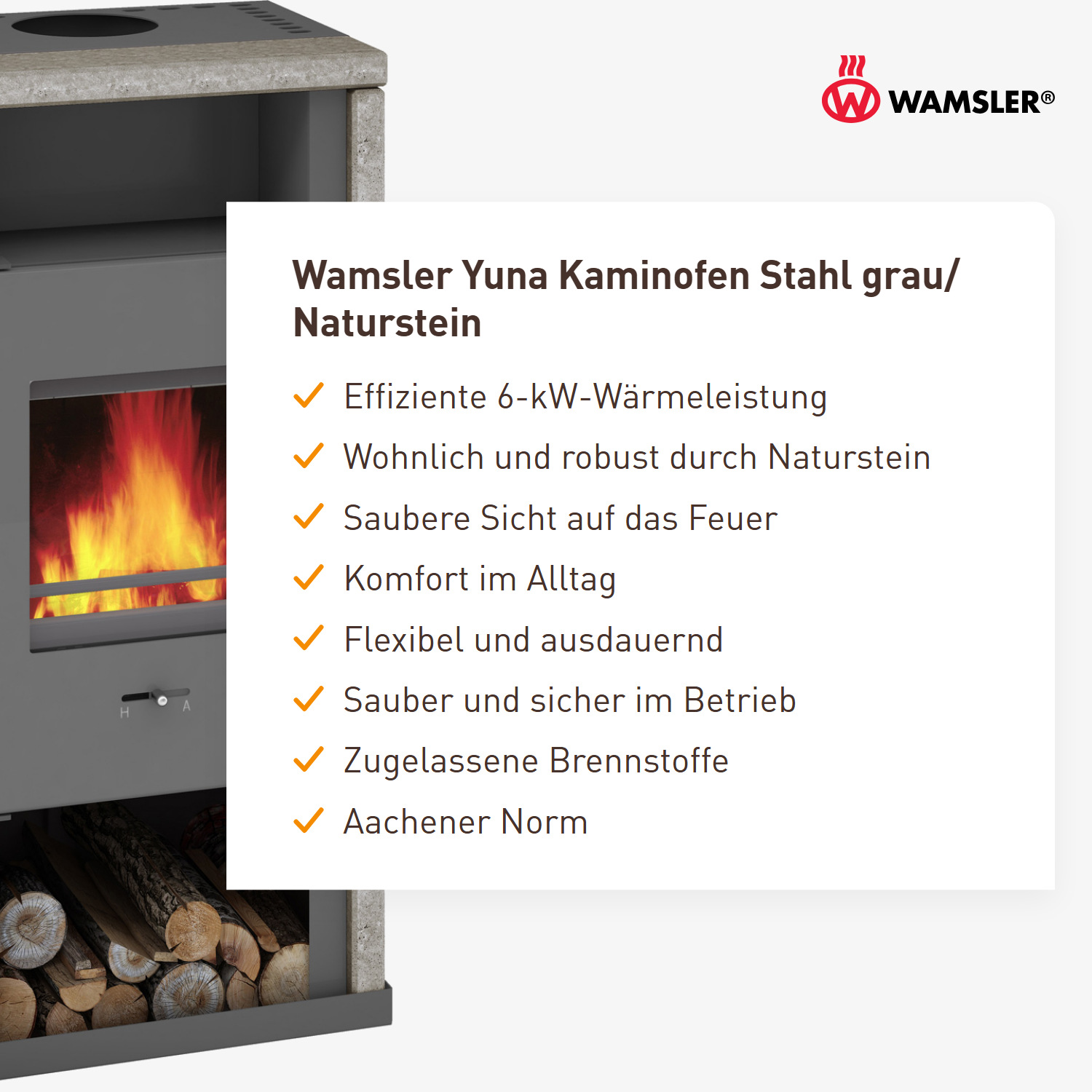 Wamsler Yuna Kaminofen Stahl grau/ Naturstein