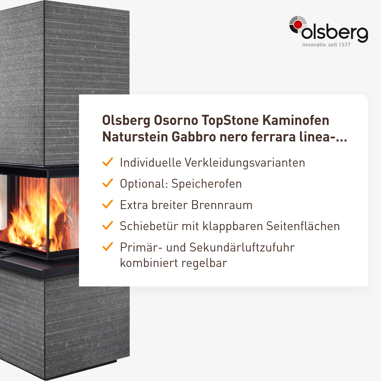 Olsberg Osorno TopStone Kaminofen Naturstein Gabbro nero ferrara linea-retta