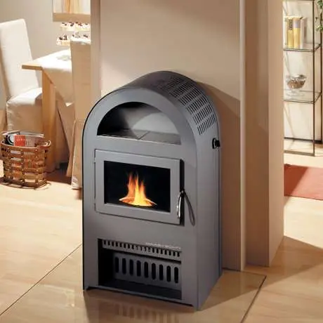 Poêle classique gris avec un feu qui brûle dans un salon confortable.