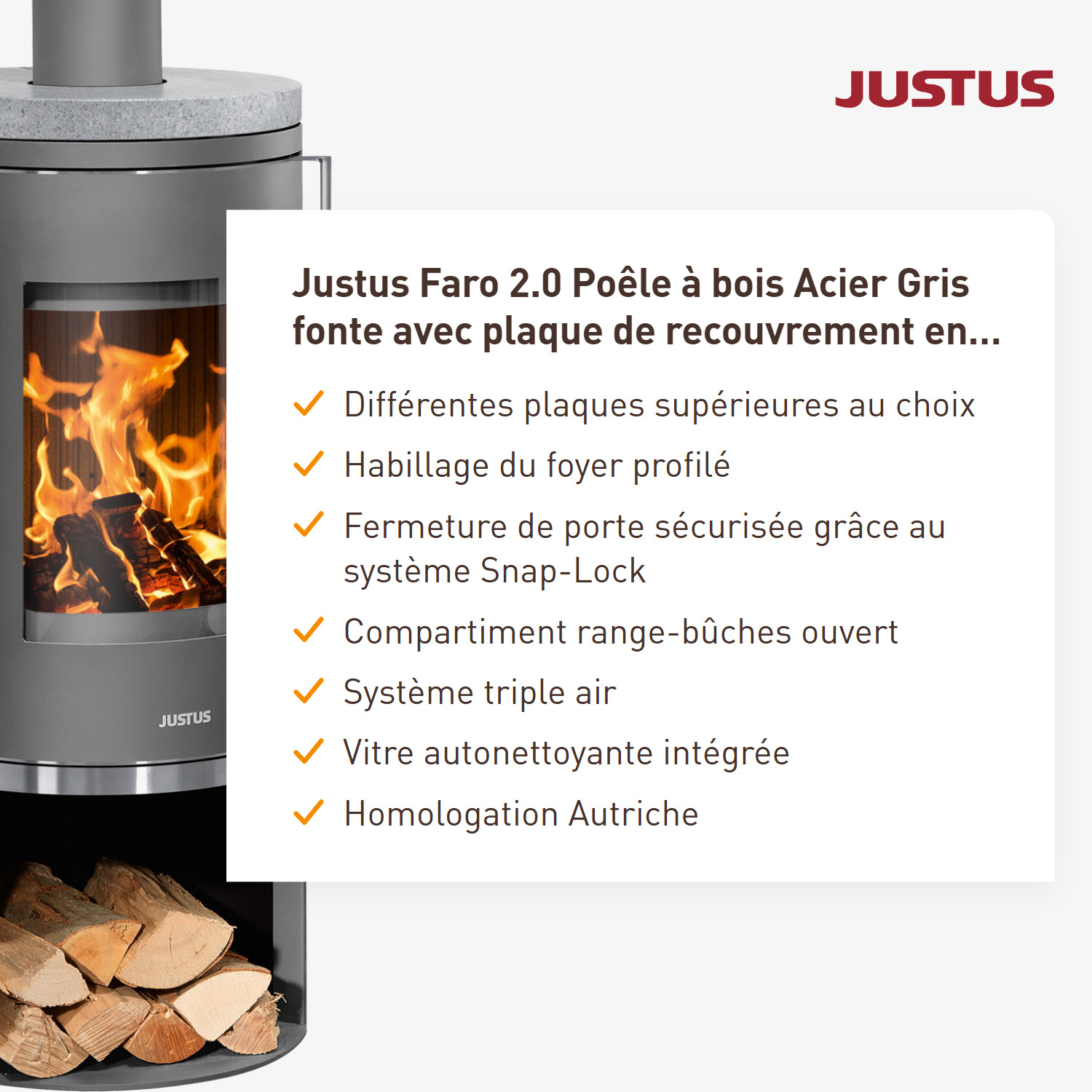 Justus Faro 2.0 Poêle à bois en acier gris fonte avec plaque de recouvrement en stéatite.