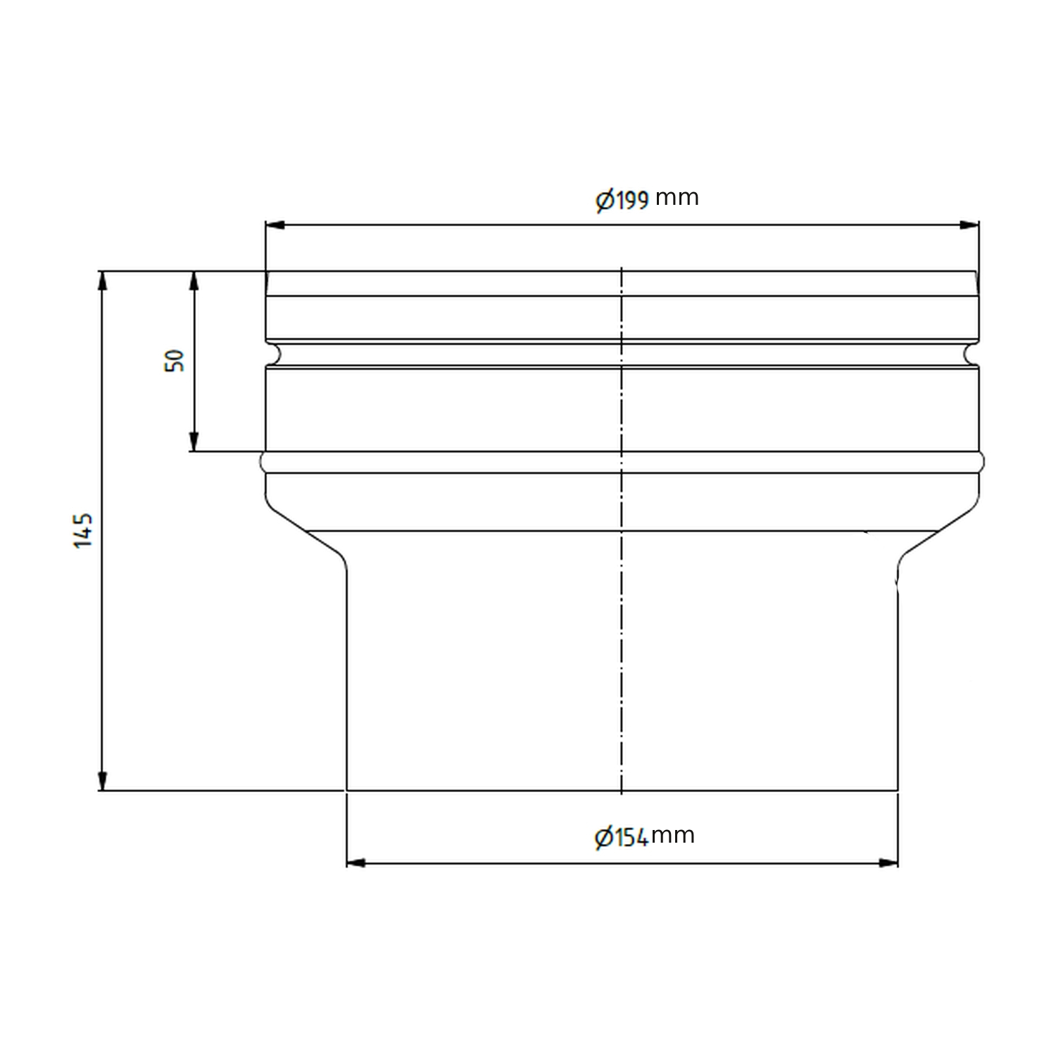 Raik Lifestyle Extension diamètre 150w/diamètre 200e 2,00mm l=145mm avec joint noir pour tuyau de fumée/ conduit de fumée