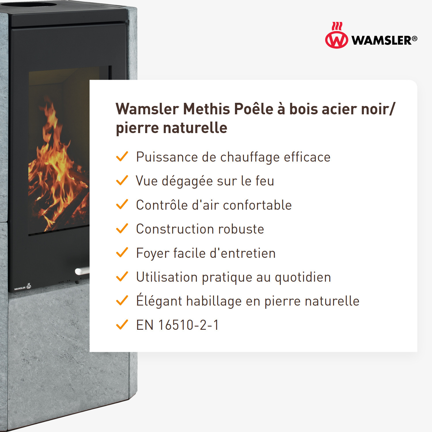 Wamsler Methis Poêle à bois acier noir/ pierre naturelle