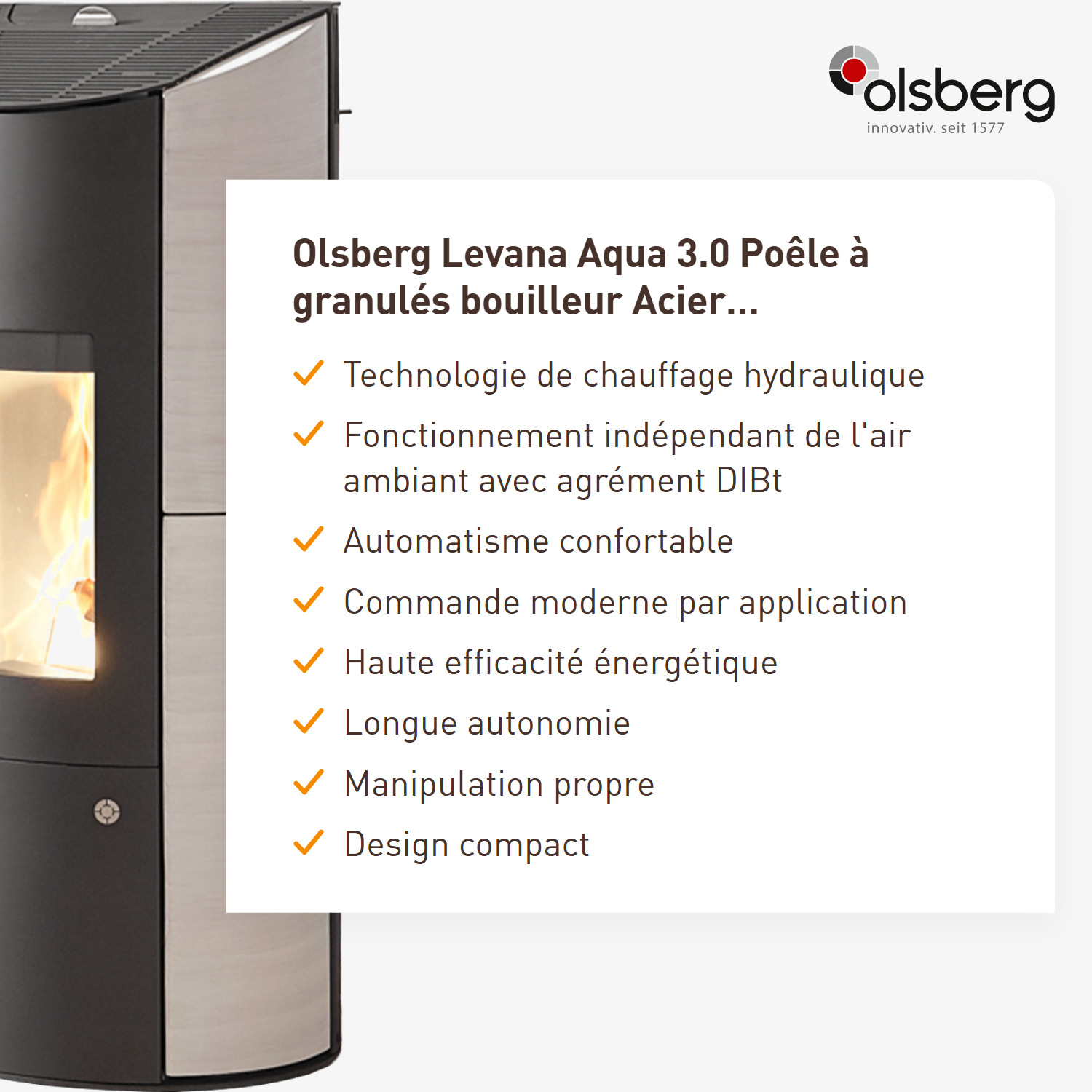 Olsberg Levana Aqua 3.0 Poêle à granulés bouilleur acier noir/céramique caffe freddo 8kW