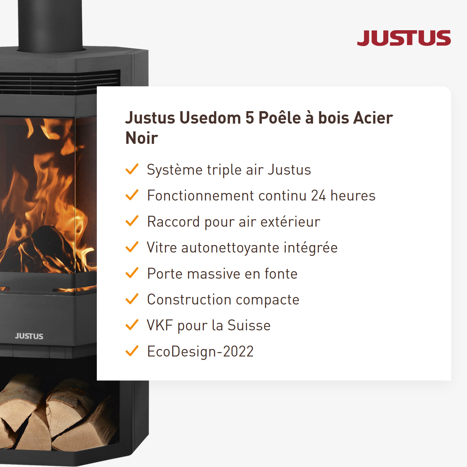 Justus Usedom 5 Poêle à bois en acier noir