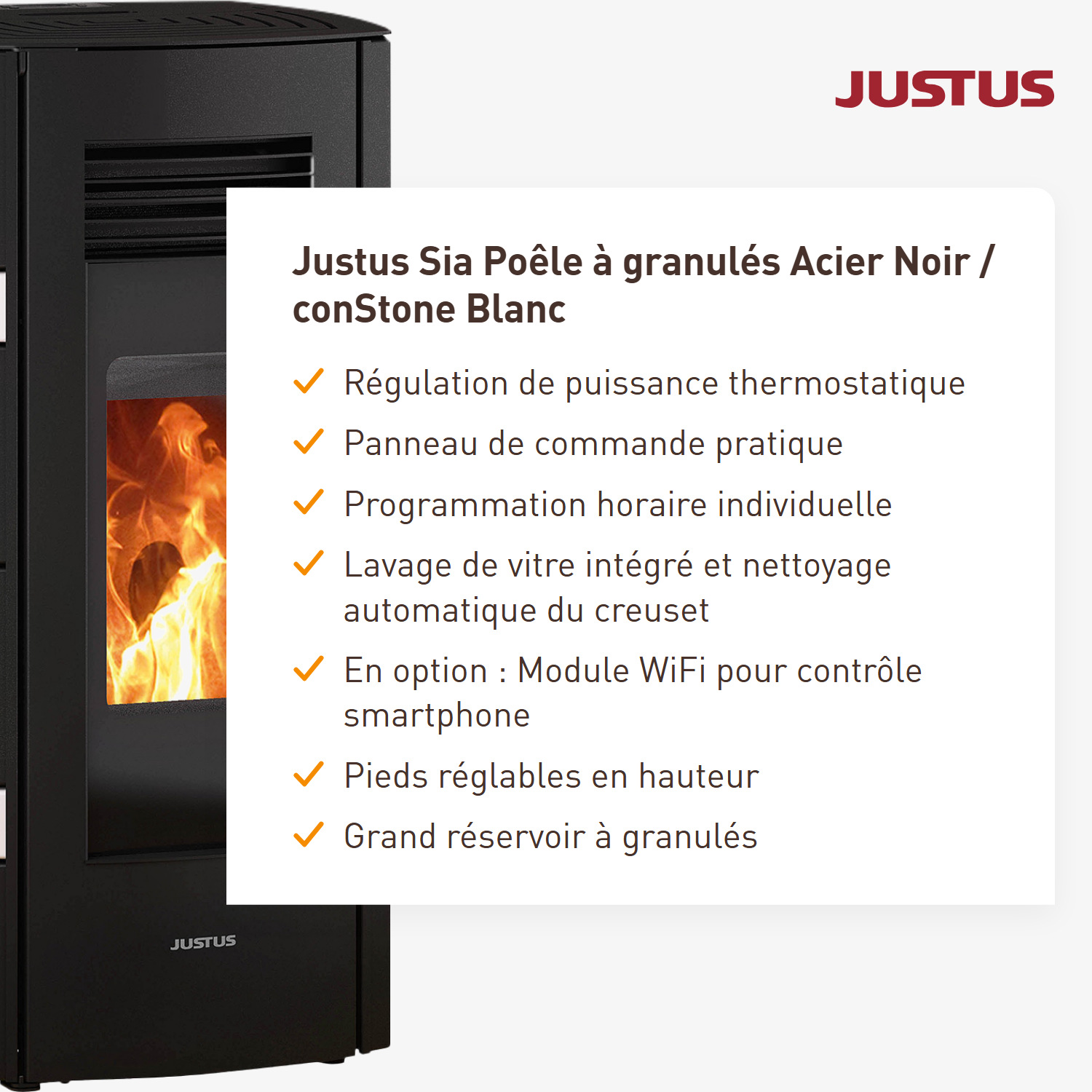 Justus Sia poêle à granulés acier noir / conStone blanc