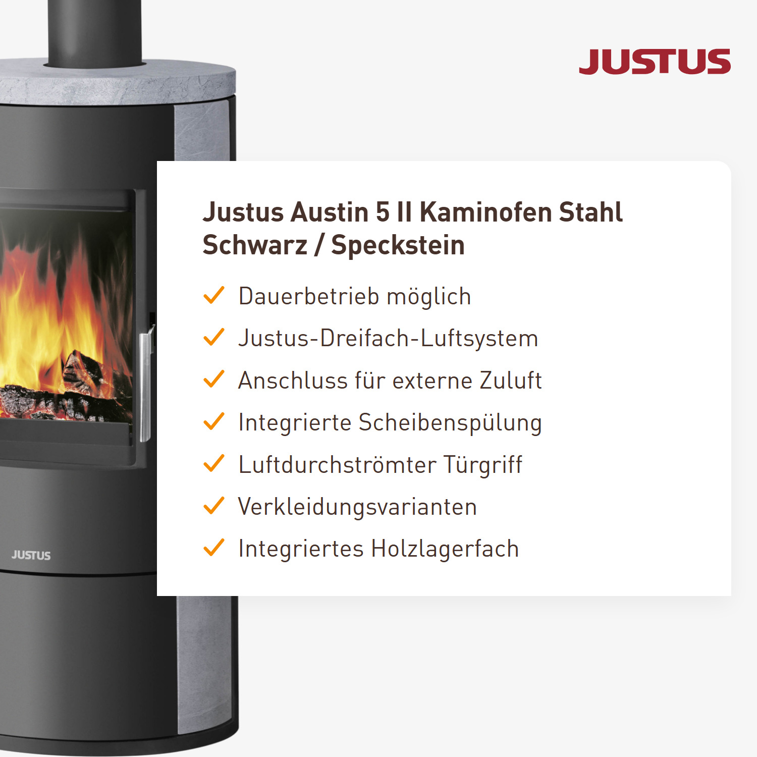 Justus Austin 5 II Kaminofen Stahl Schwarz / Speckstein