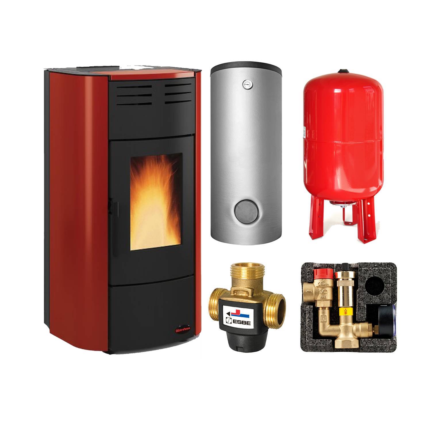 Extraflame RAFFAELLA IDRO H15 5.0.16 wasserführender Pelletofen Stahl Bordeaux - THKE/F 600 Kombi-Speicher montiert silber -Heizungsausdehnungsgefäß 80 L