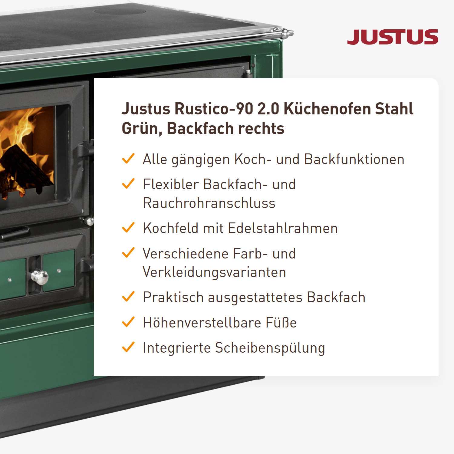 Justus Rustico-90 2.0 Küchenofen Stahl Grün, Backfach rechts