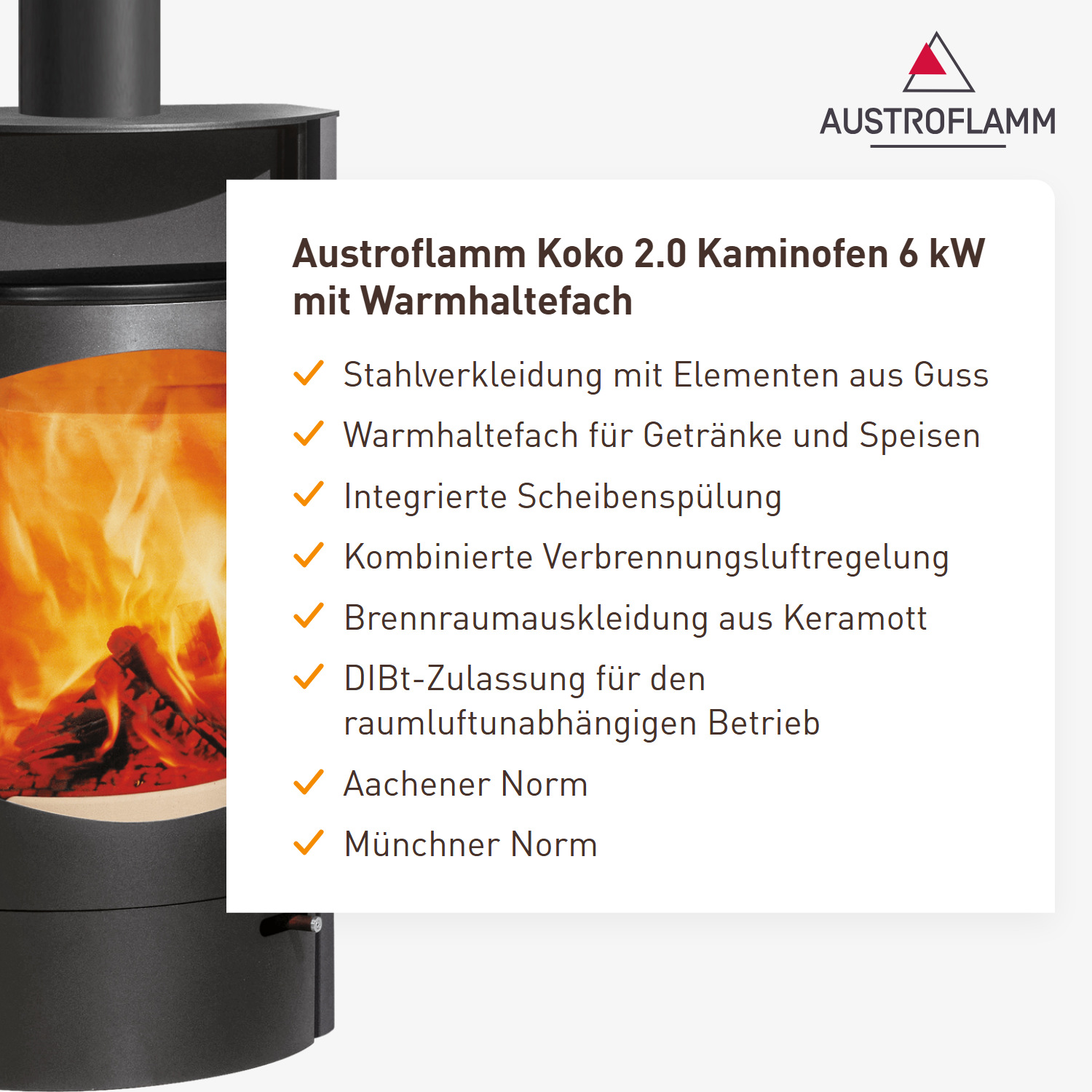 Austroflamm Koko 2.0 Kaminofen Stahl Gussgrau, Warmhaltefach Keramik Schwarz matt, Guss-Topplatte, RRA oben + kostenfreie Installation