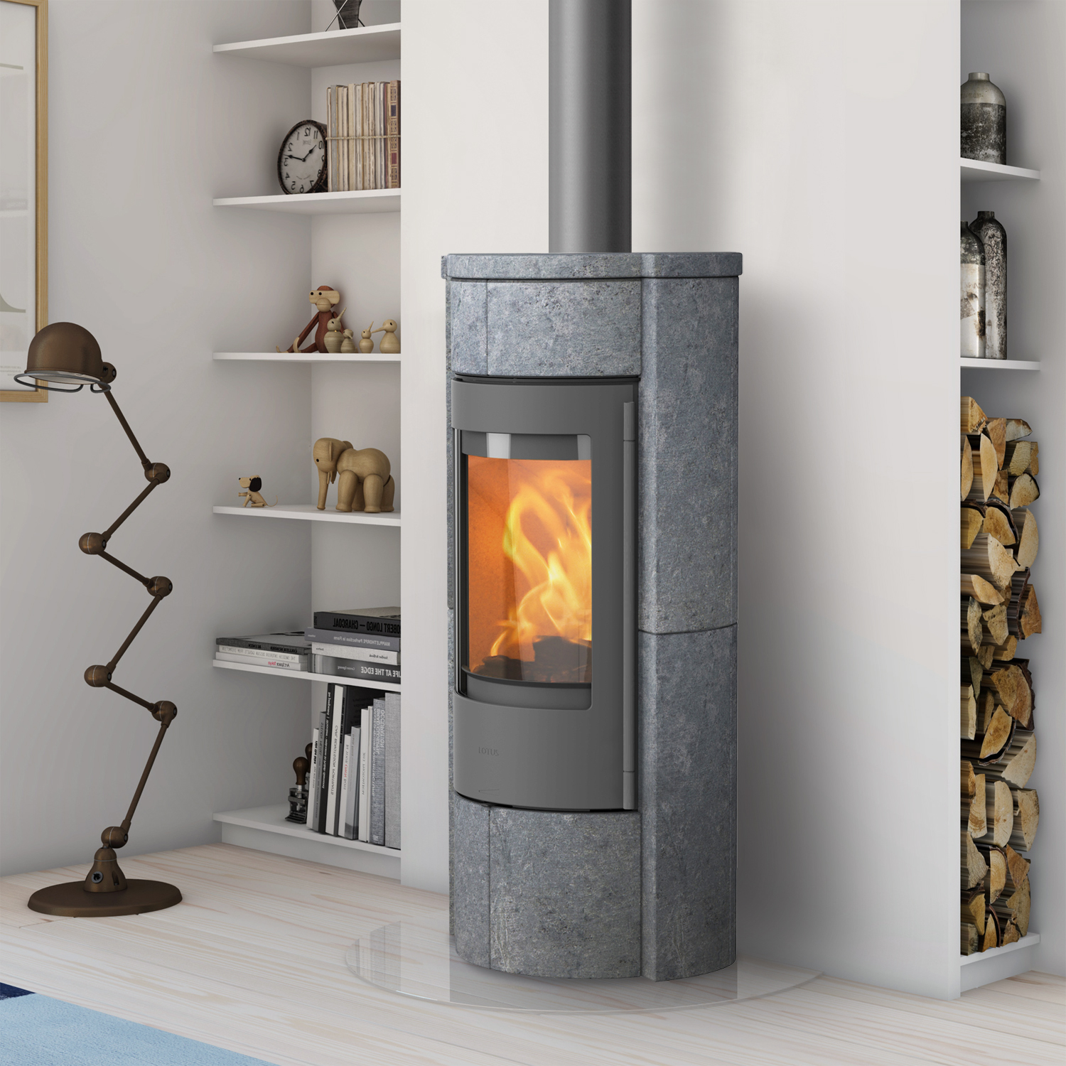 Lotus Prestige M Kaminofen Grau/ Speckstein, inkl. PowerStones, DIBt , RR hinten od. RR oben