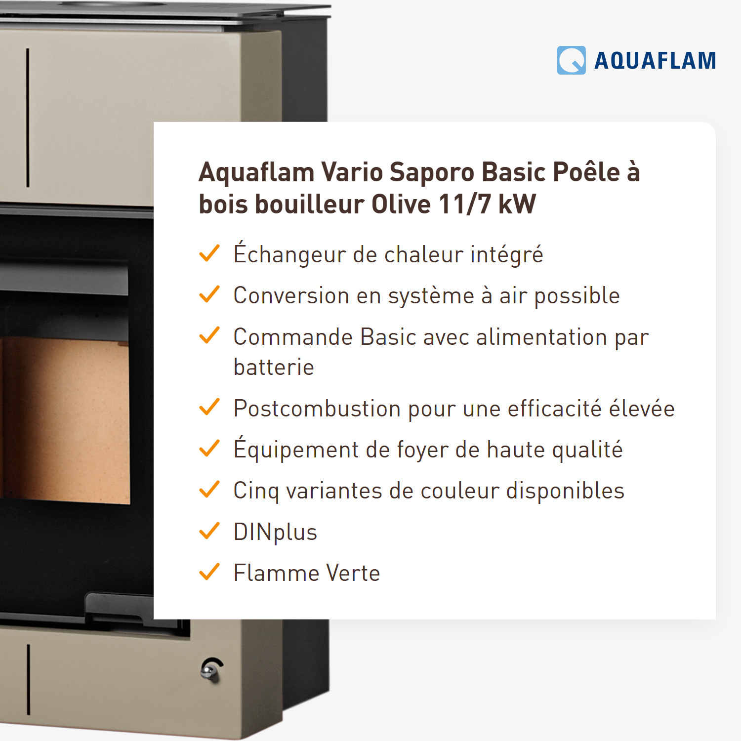 Aquaflam Vario Saporo Basic Poêle à bois hydraulique Olive 11/7 kW