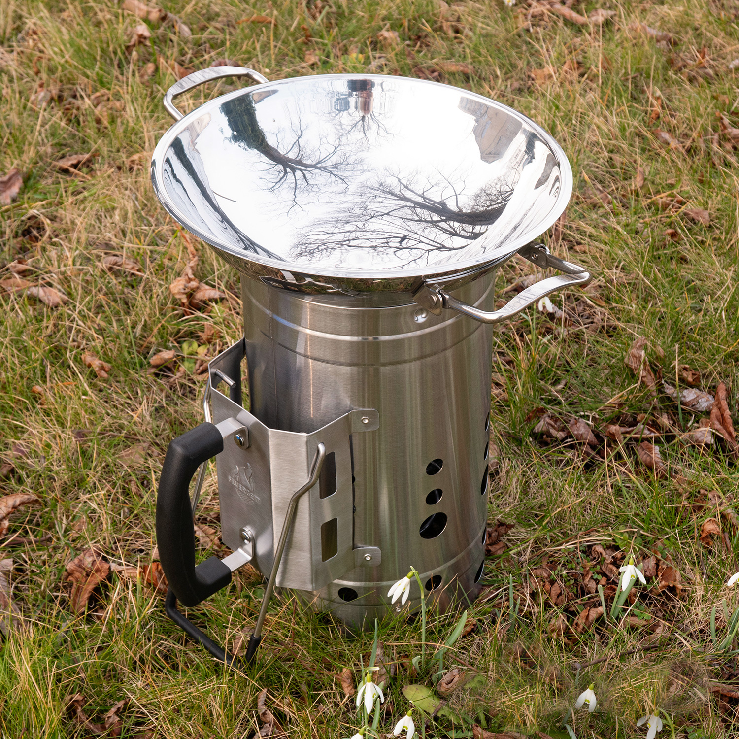 Feuergott Wok Set Edelstahl mit Wokring und Anzündkamin