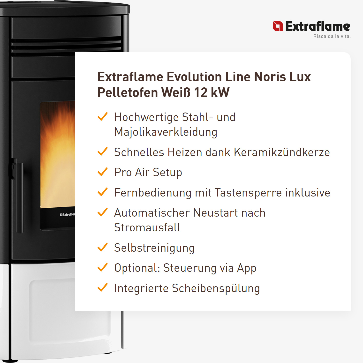 Extraflame Evolution Line Noris Lux Pelletofen Stahl Majolika Weiß