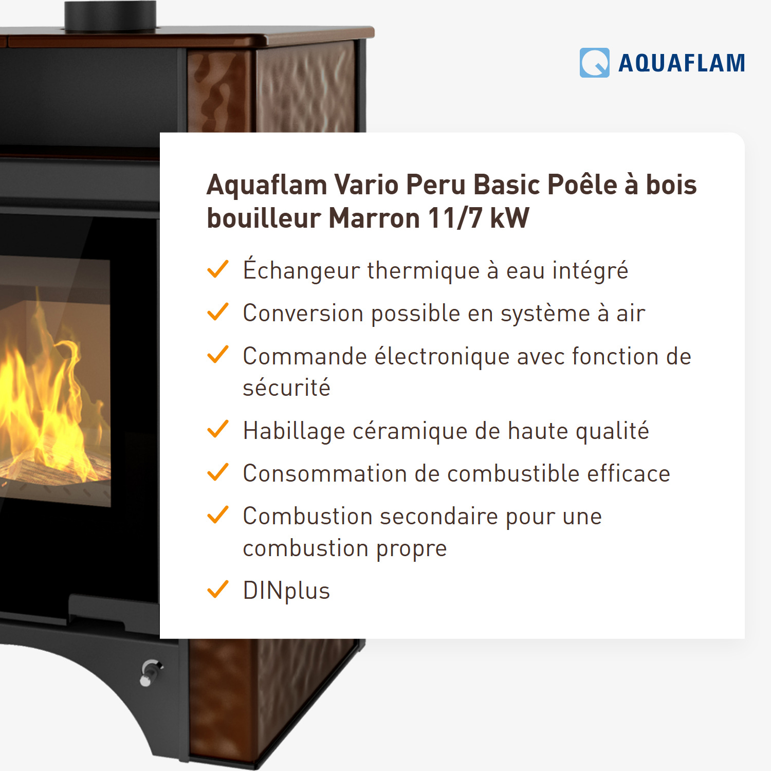 Aquaflam Vario Peru Basic Poêle à bois avec échangeur thermique Marron 11/7 kW