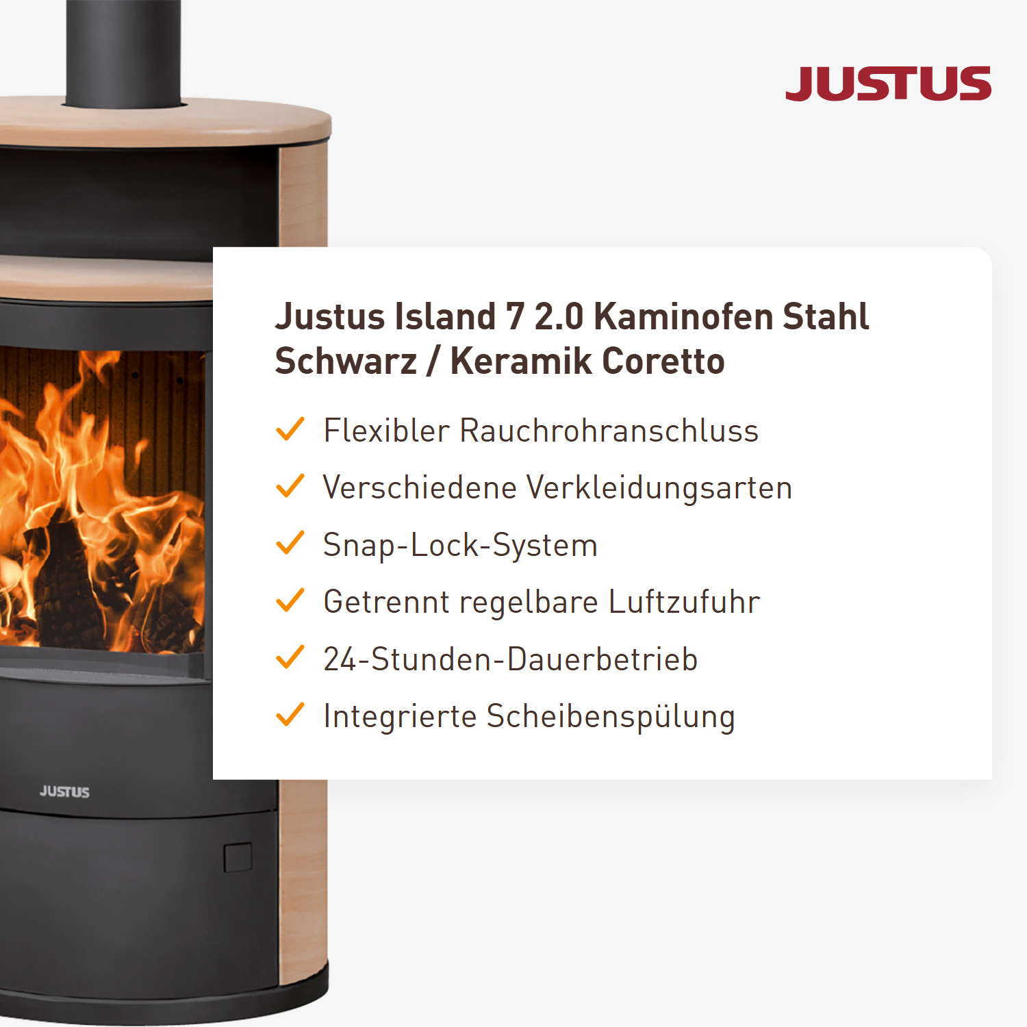 Justus Island 7 2.0 Kaminofen Stahl Schwarz / Keramik Corretto