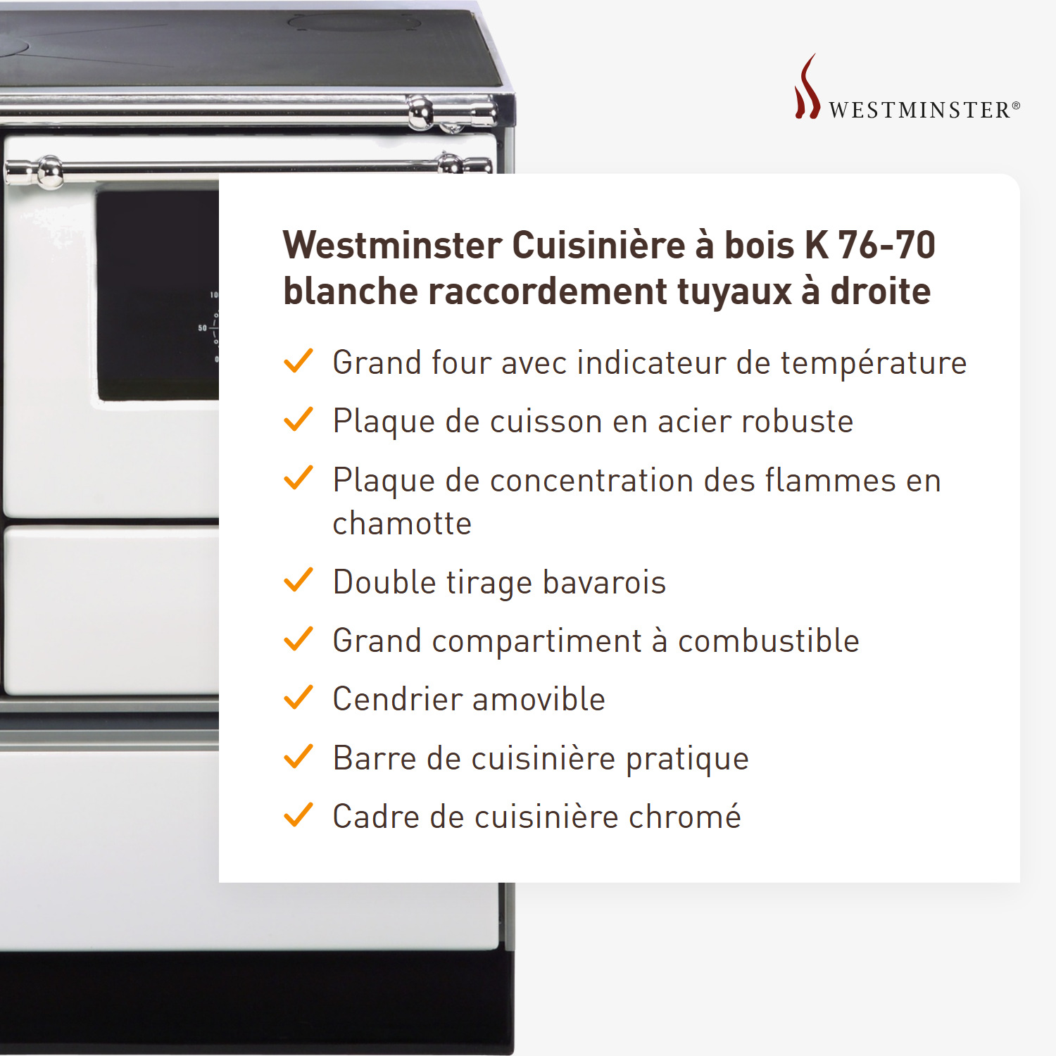 Westminster cuisinière à bois K 76-70 blanc raccordement tuyaux droit