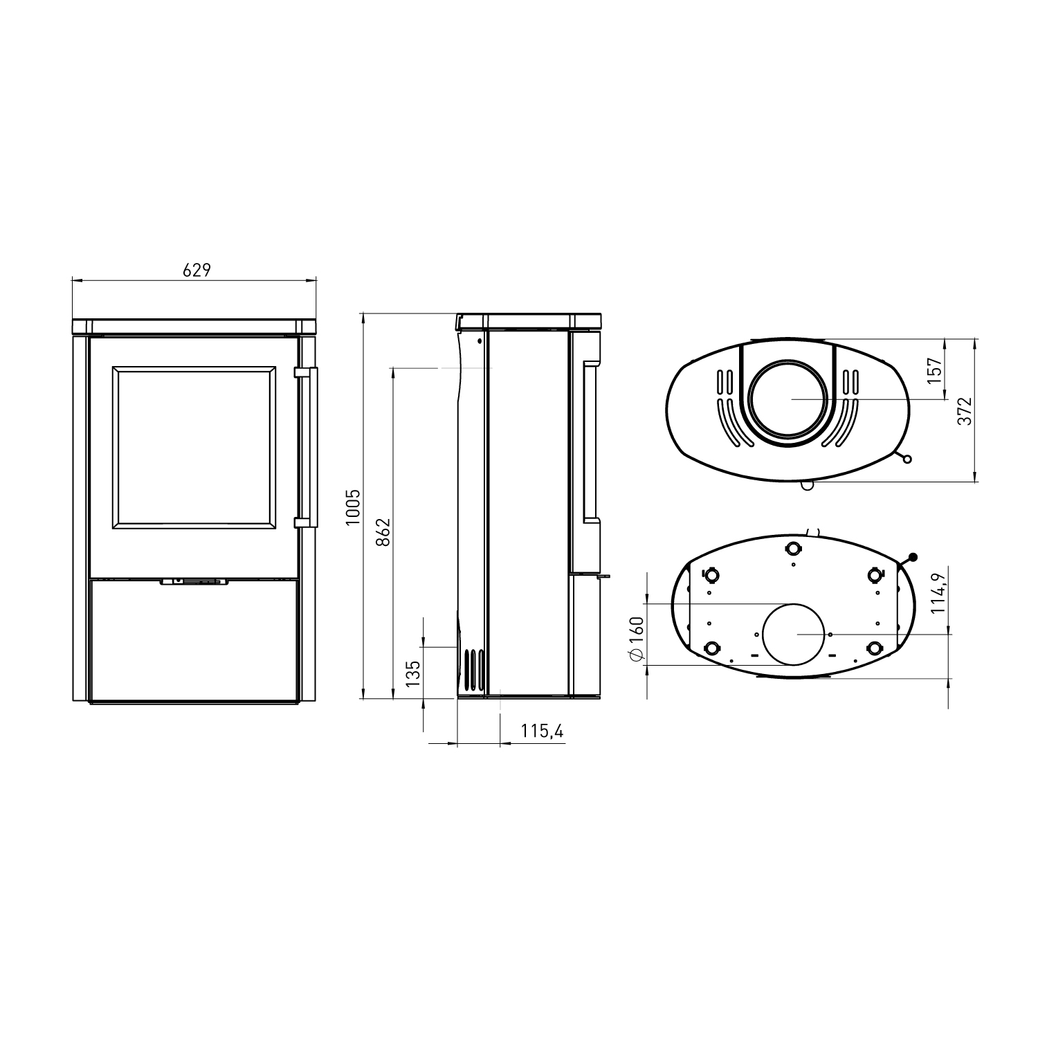 TermaTech TT80RL Poêle à bois Acier Noir, évacuation des fumées à l'arrière
