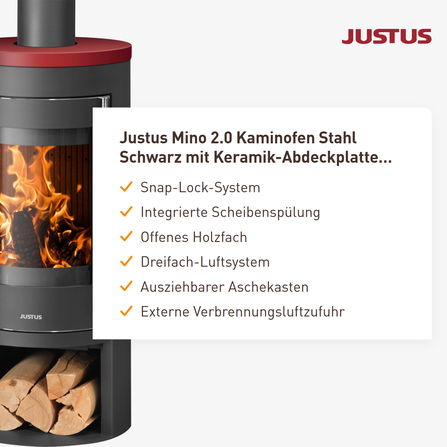 Justus Mino 2.0 Kaminofen Stahl Schwarz mit Keramik-Abdeckplatte Bordeauxrot