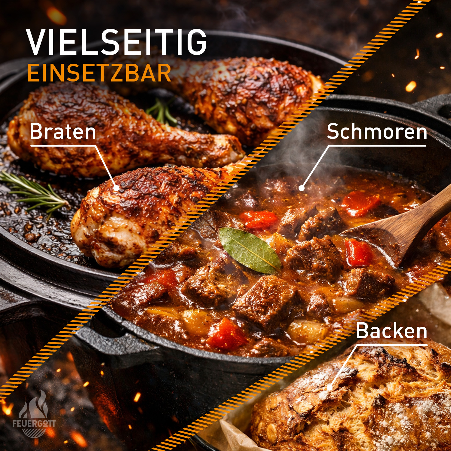 FEUERGOTT Dutch Oven 6,5 l mit Füßen im Set mit Tasche, Deckelheber und Ringreiniger