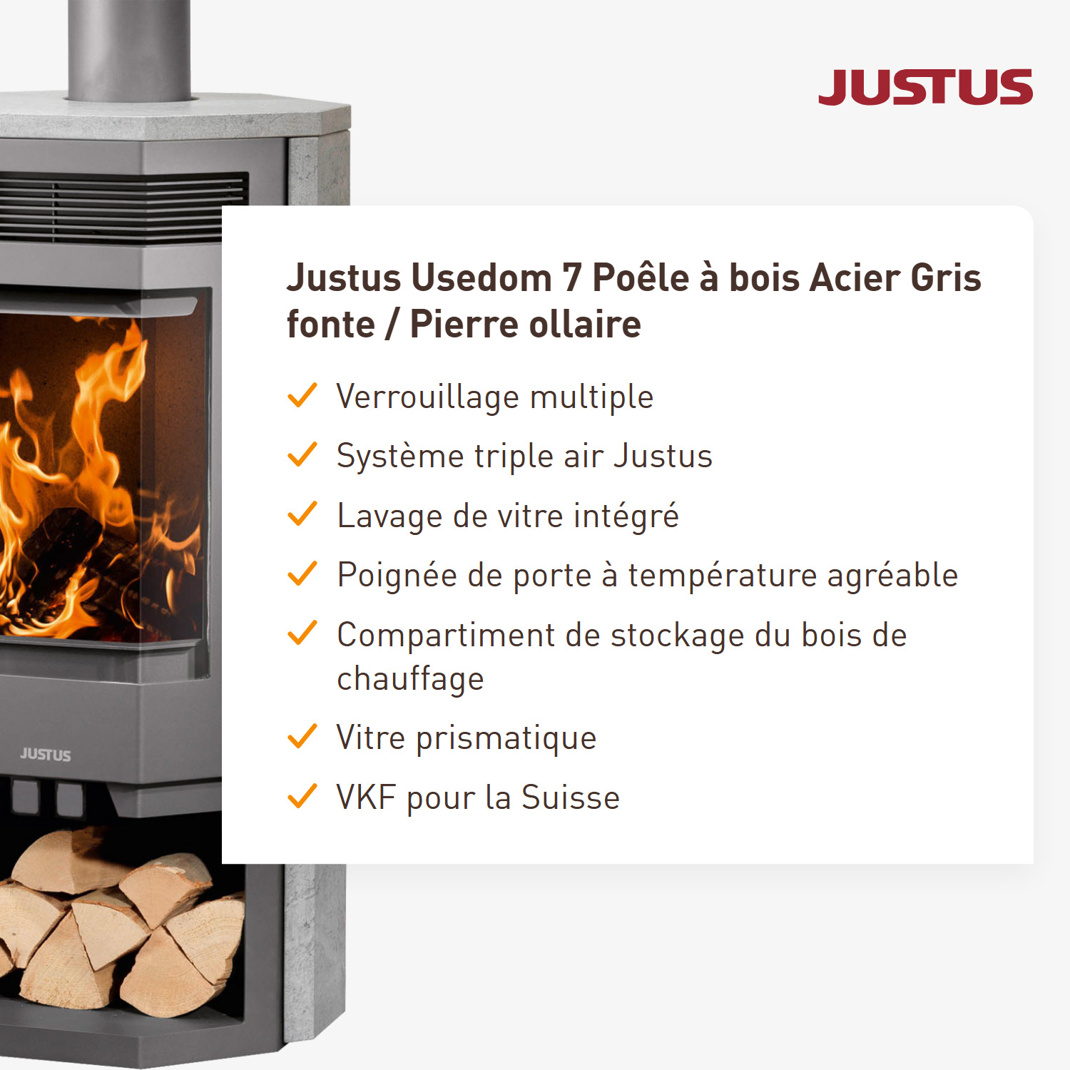 Justus Usedom 7 Poêle à bois en acier gris fonte / pierre ollaire