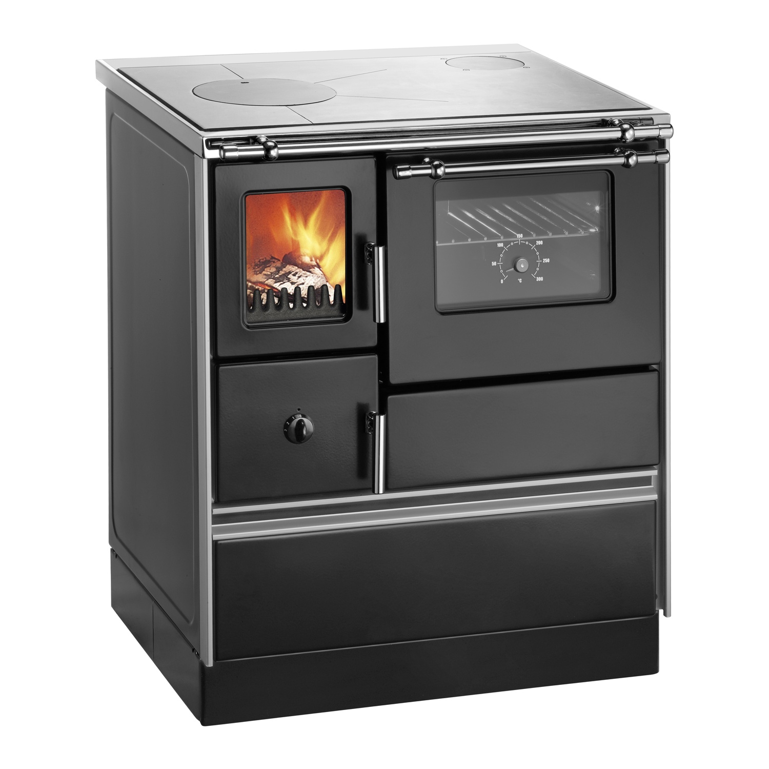 Westminster Cuisinière à bois Style 70 noir avec plaque de cuisson polie et cadre de cuisinière inox raccordement tuyaux droite