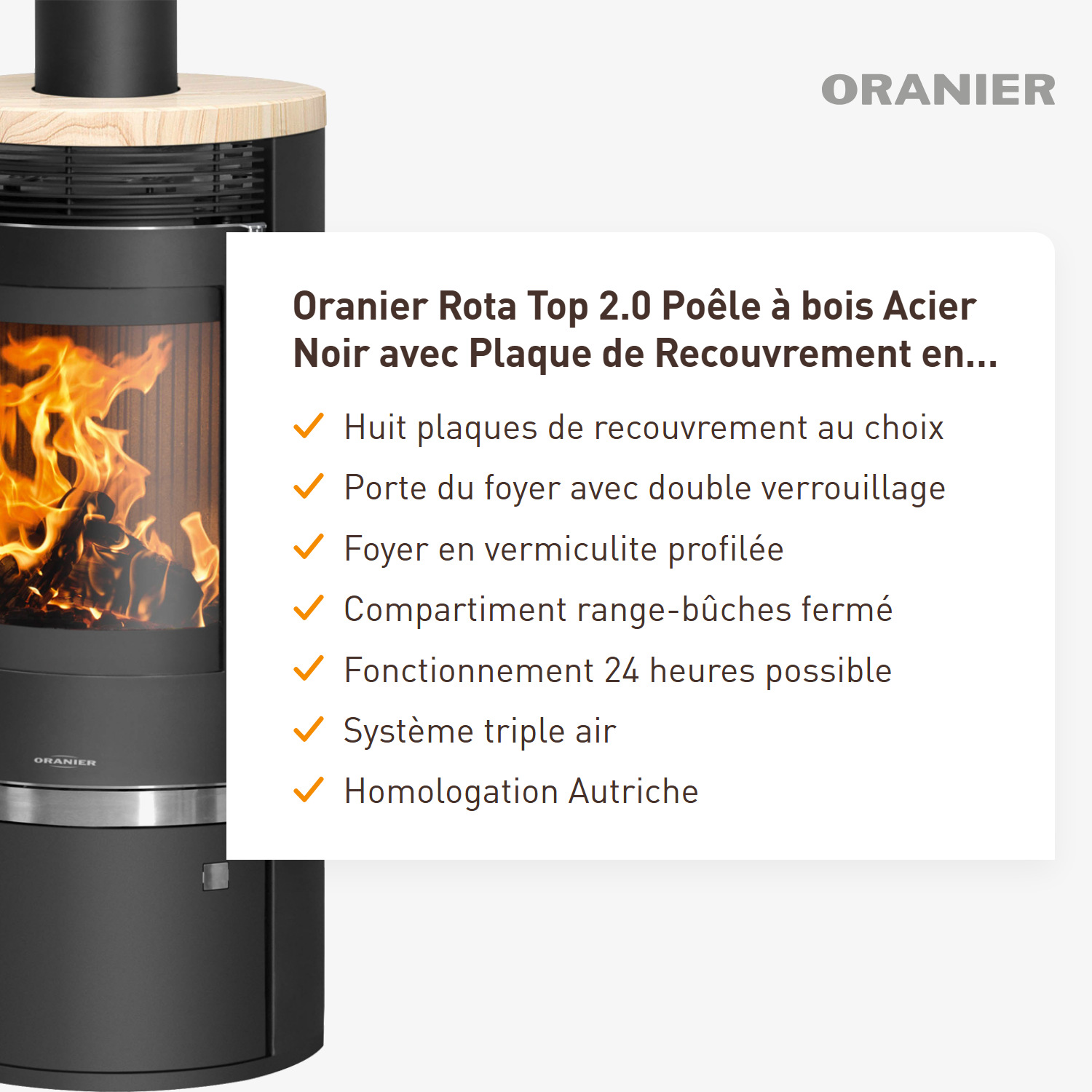 Poêle à bois Oranier Rota Top 2.0 en acier noir avec plaque de recouvrement en grès.