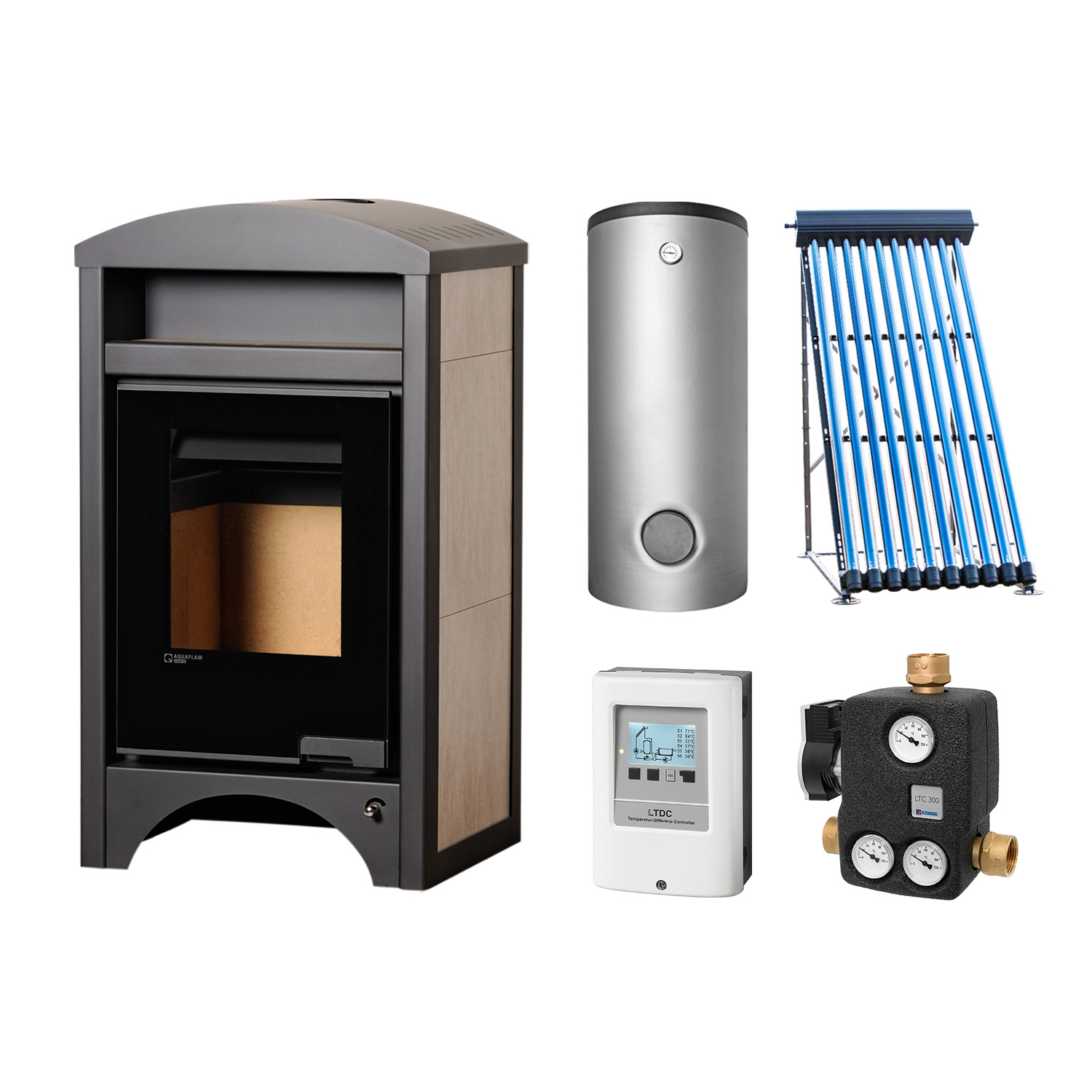 Aquaflam Vario Barma Basic White Oak Set + Solarthermie-Set 2 (11 m²) + Kombispeicher THKE 600 + SWT