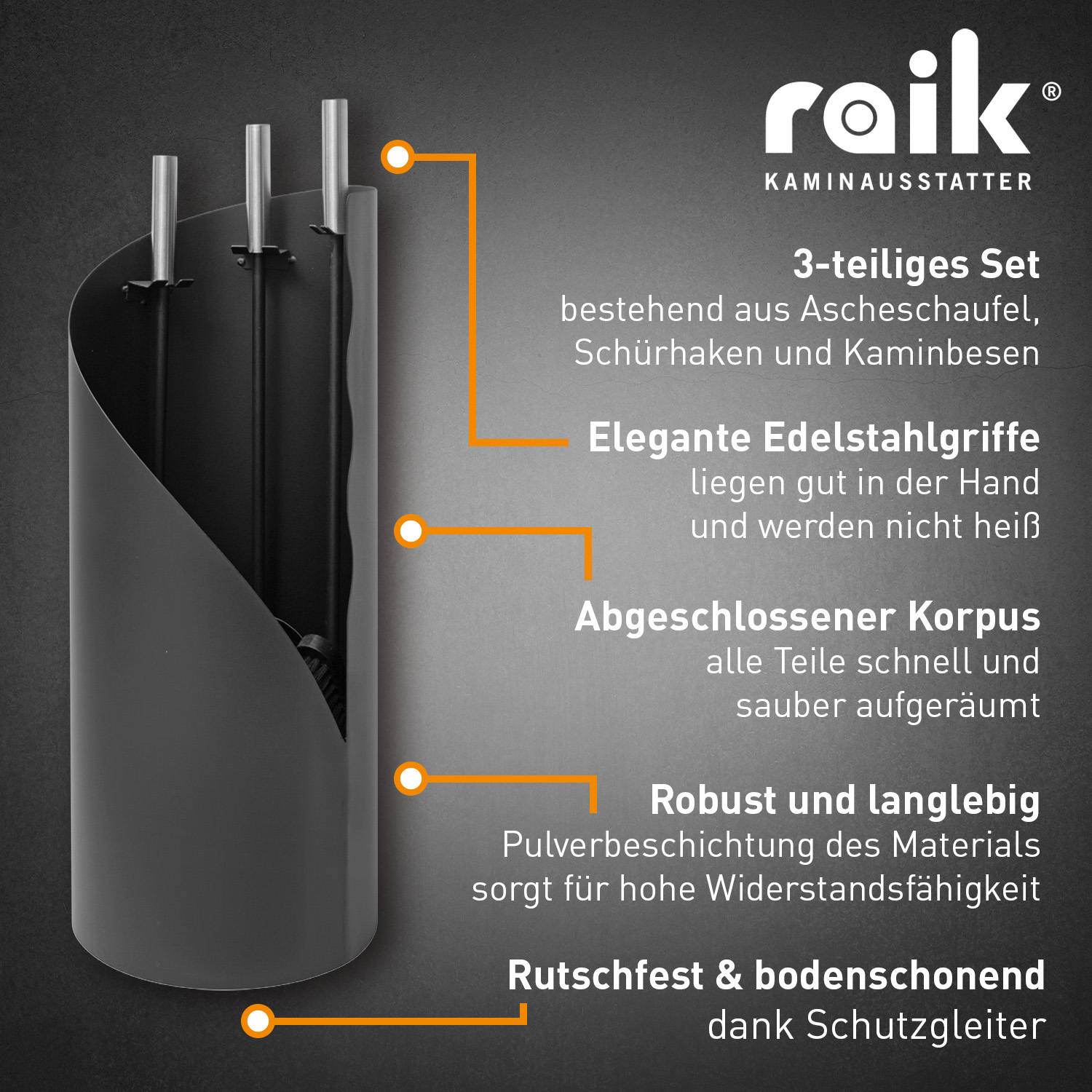 Raik Kaminbesteck Fritz, 3-teilig, schwarz, Edelstahlgriffe, 61 cm