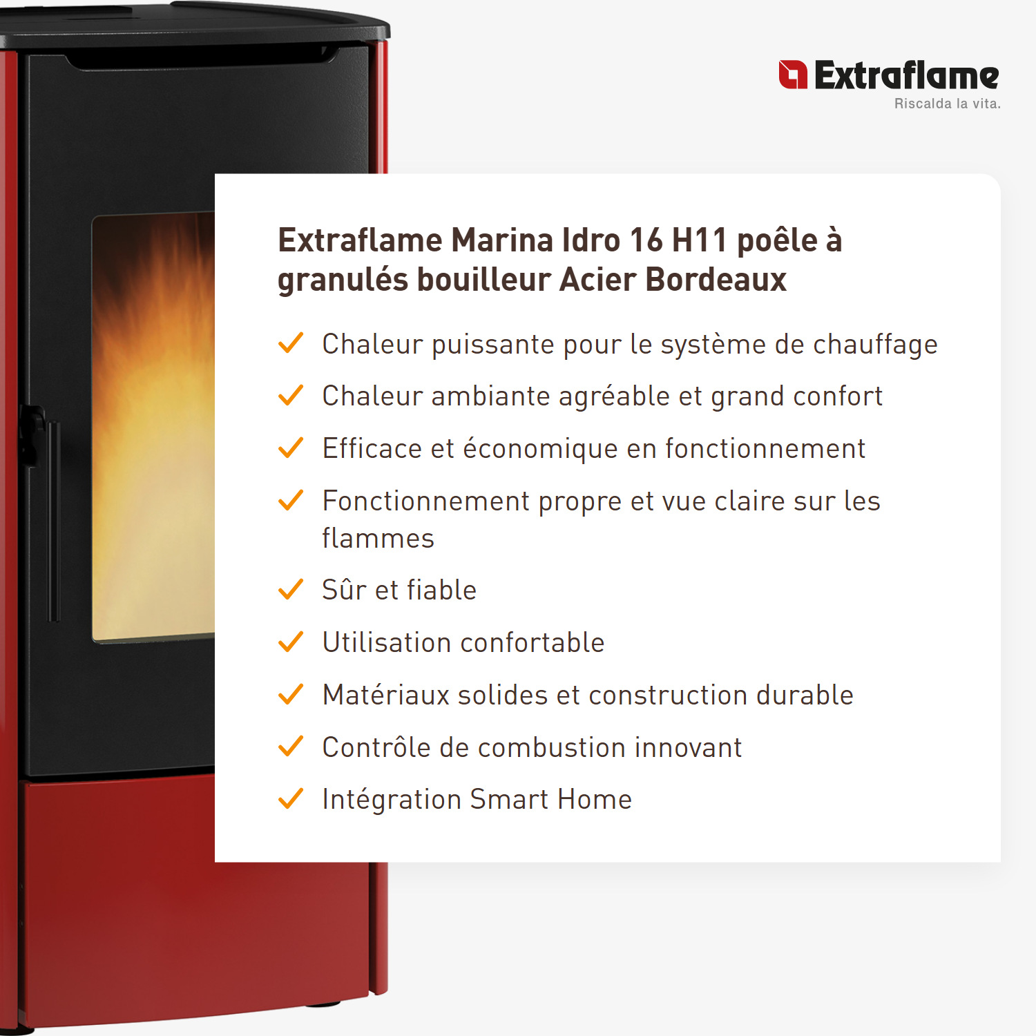 Extraflame Marina Idro 16 H11 poêle à granulés bouilleur acier bordeaux