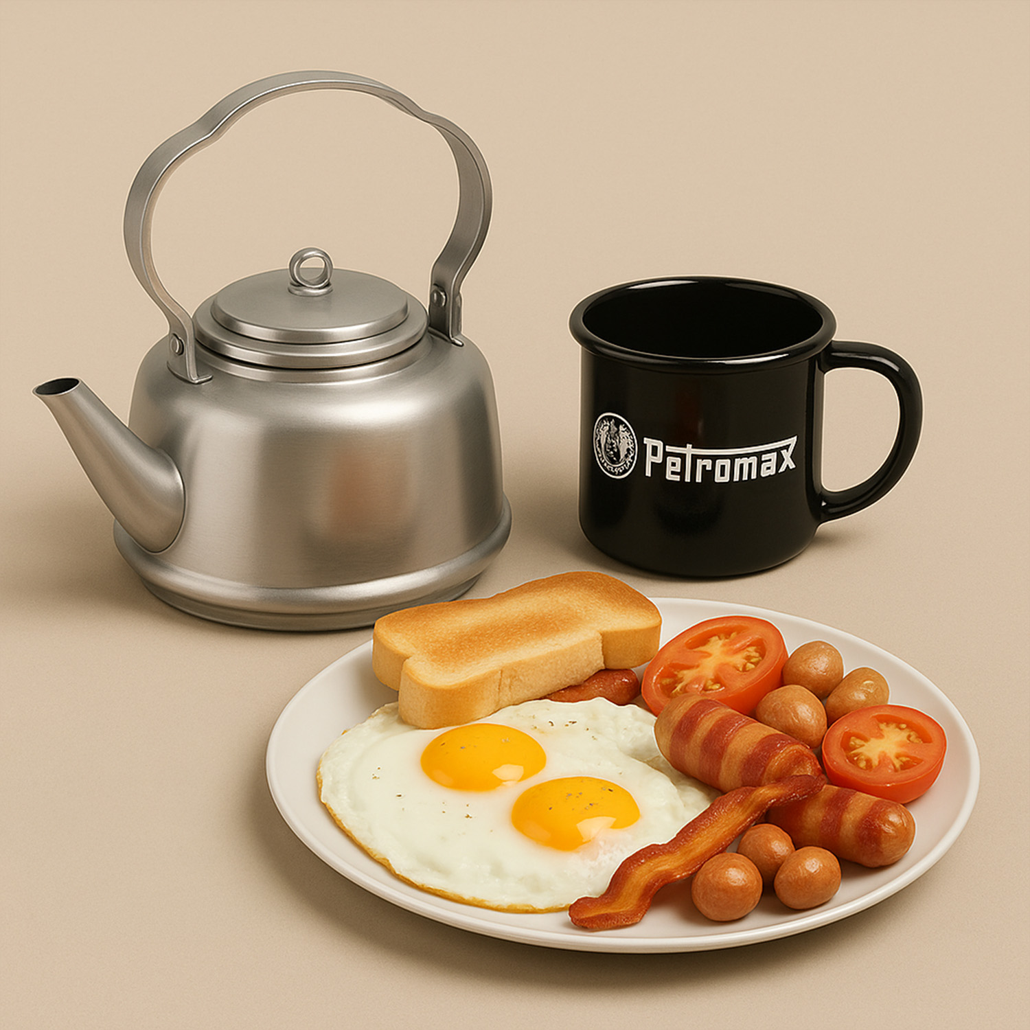 Frühstück mit Petromax Kanne und Becher sowie Würstchen und Eier - alles im Comic-Stil