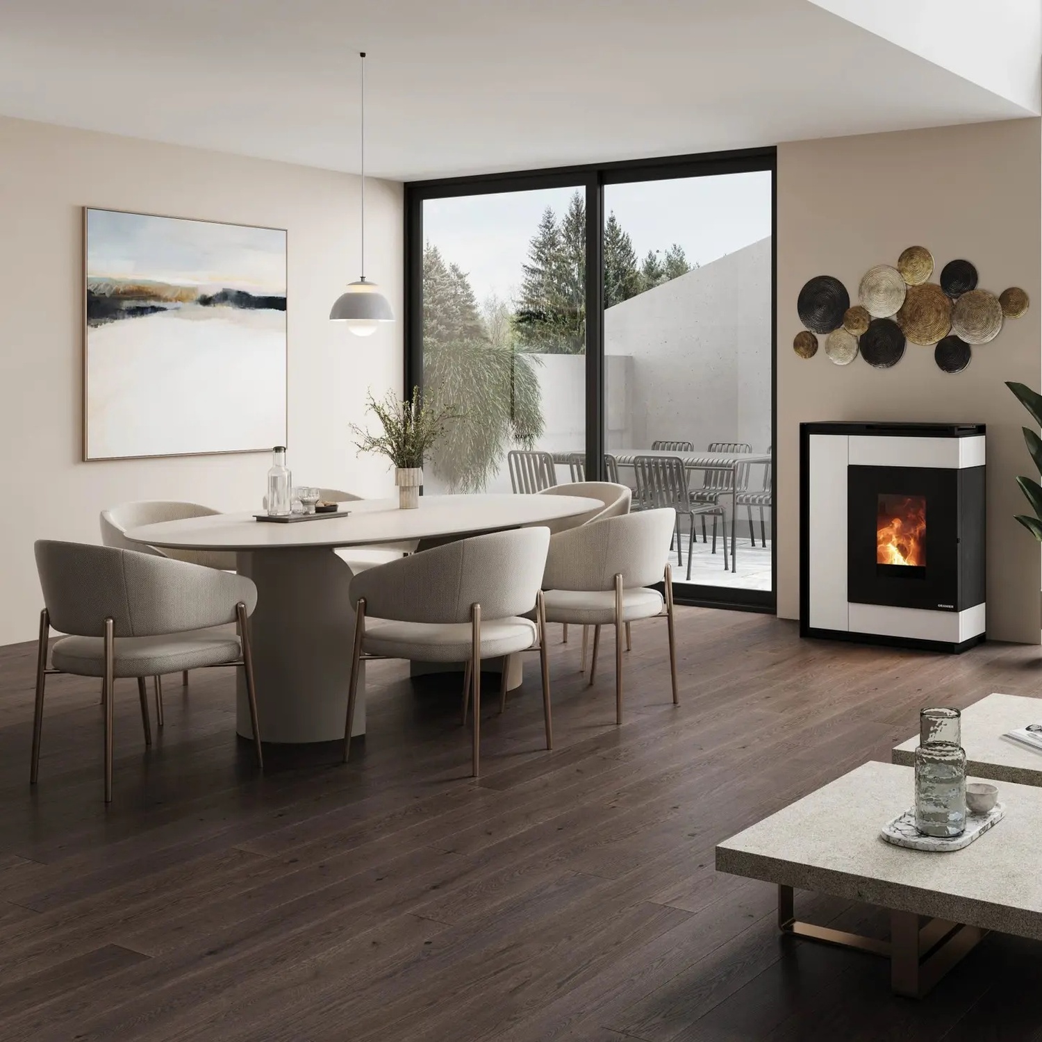 Oranier Boreas Aqua Next wasserführender Pelletofen 9,5 kW Sintered Stone Seidenweiß Rauchrohranschluss hinten