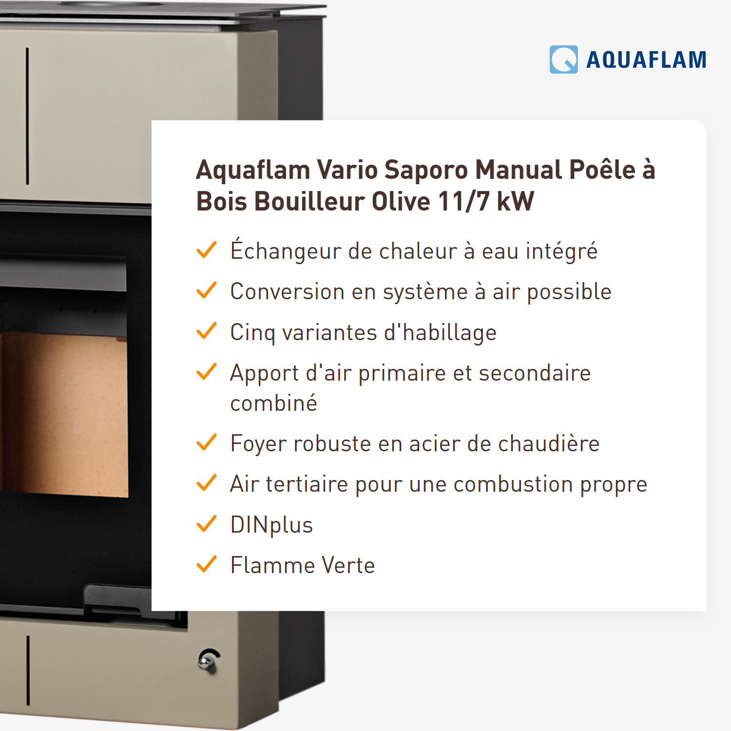 Aquaflam Vario Saporo Manuel Poêle à bois hydraulique Olive 11/7 kW