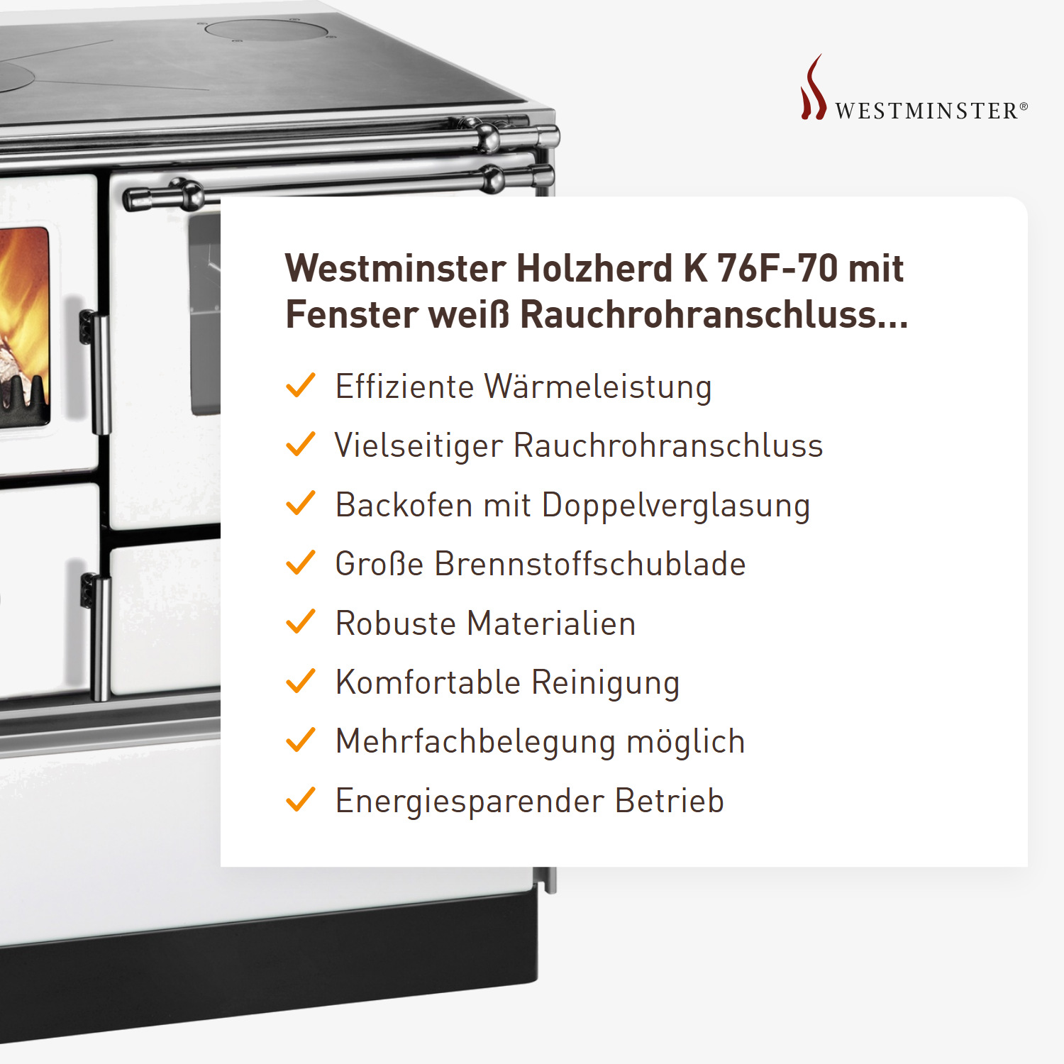 Westminster Holzherd K 76F-70 mit Fenster weiß Rauchrohranschluss rechts