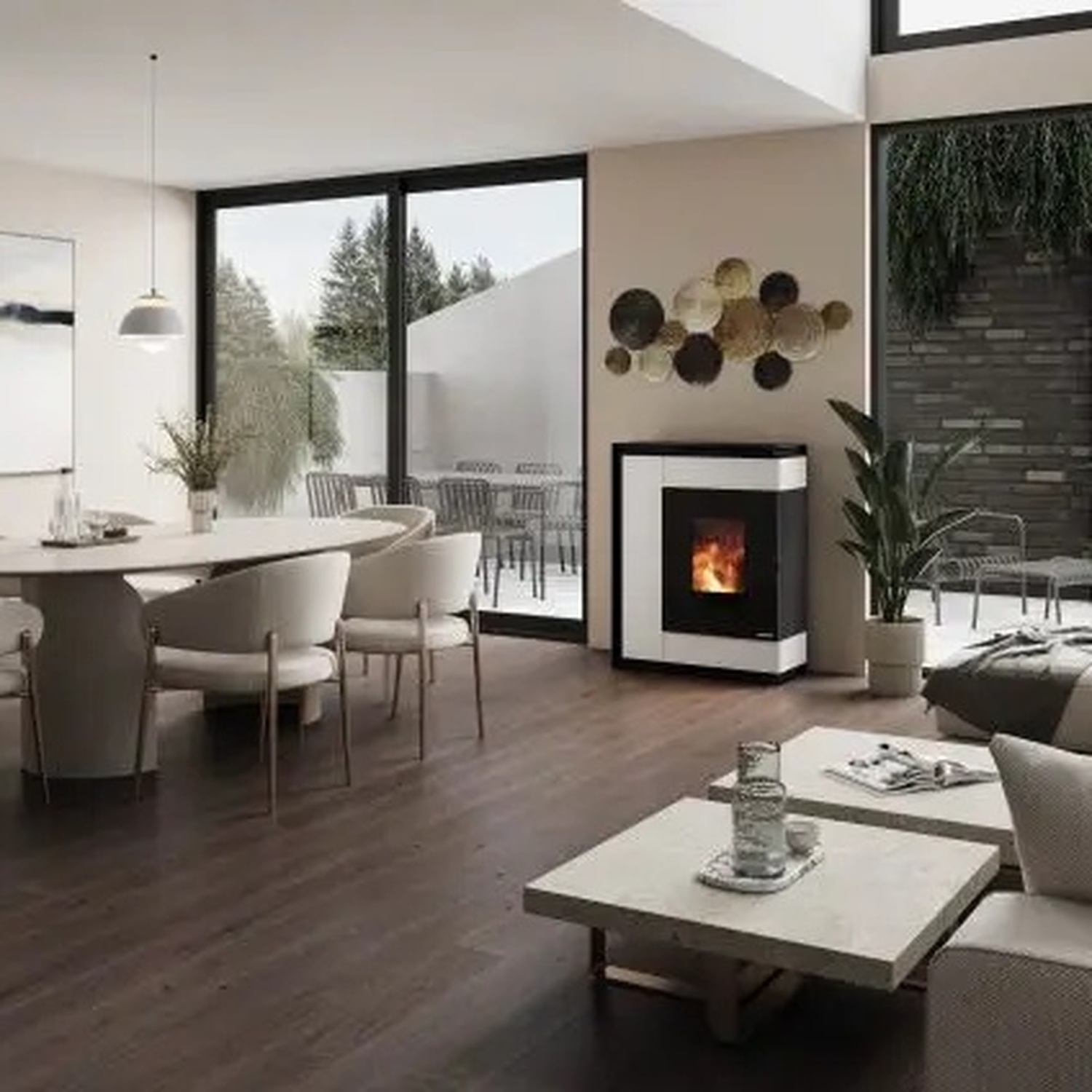 Oranier Boreas Aqua Next wasserführender Pelletofen 9,5 kW Sintered Stone Seidenweiß Rauchrohranschluss oben