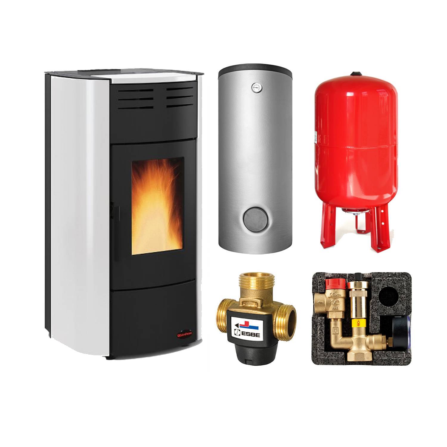 Extraflame RAFFAELLA IDRO H15 5.0.16 wasserführender Pelletofen Stahl weiß - THKE 600 Kombi-Speicher montiert silber 1x WT -Heizungsausdehnungsgefäß 80 L