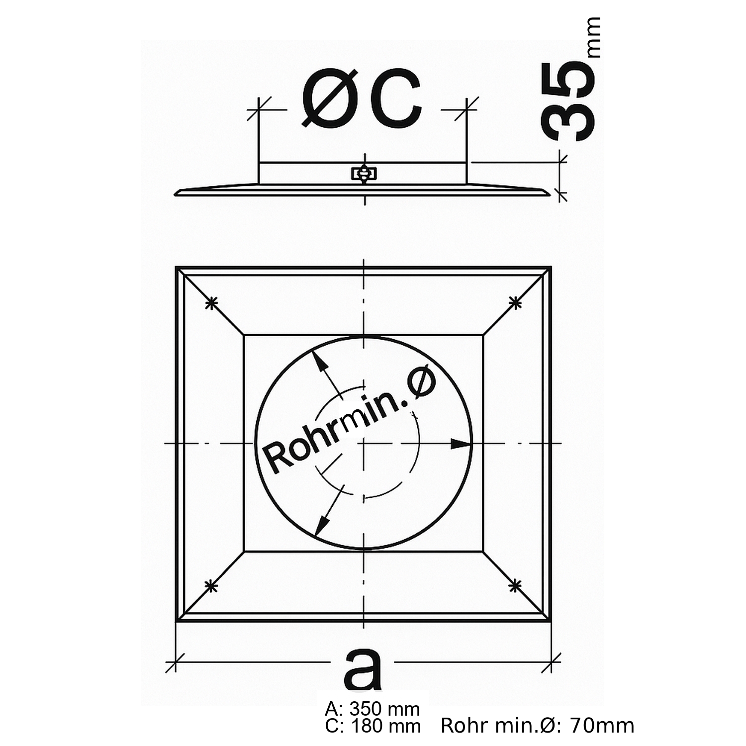 Schiedel Schachtabdeckung 350x350mm für Ø80 mm bis Ø120 mm glänzend