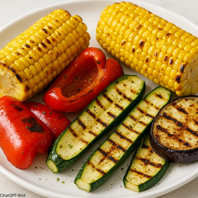 Gegrilltes Gemüse auf einem Teller: Mais, Paprika, Zucchini, Aubergine