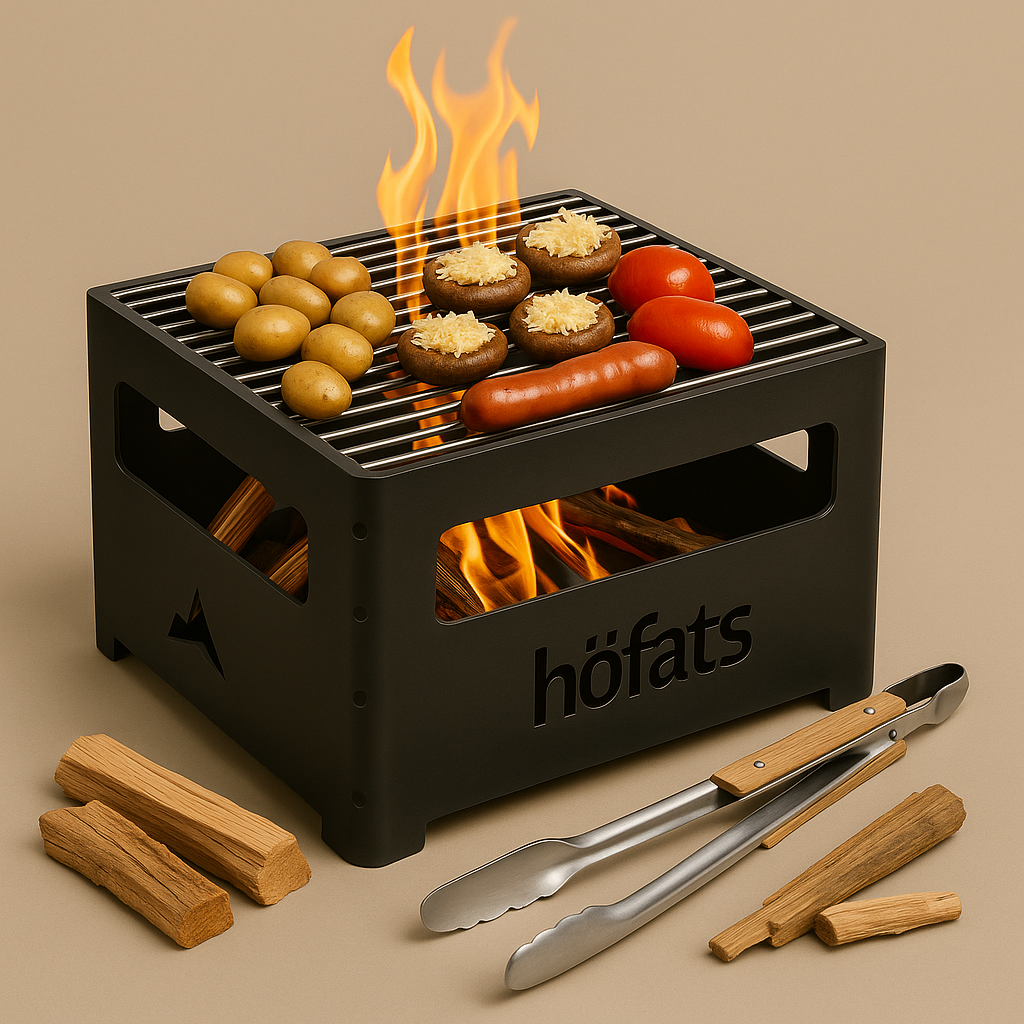 höfats BEERBOX mit Würstchen und Grillzubehör im Comic-Stil