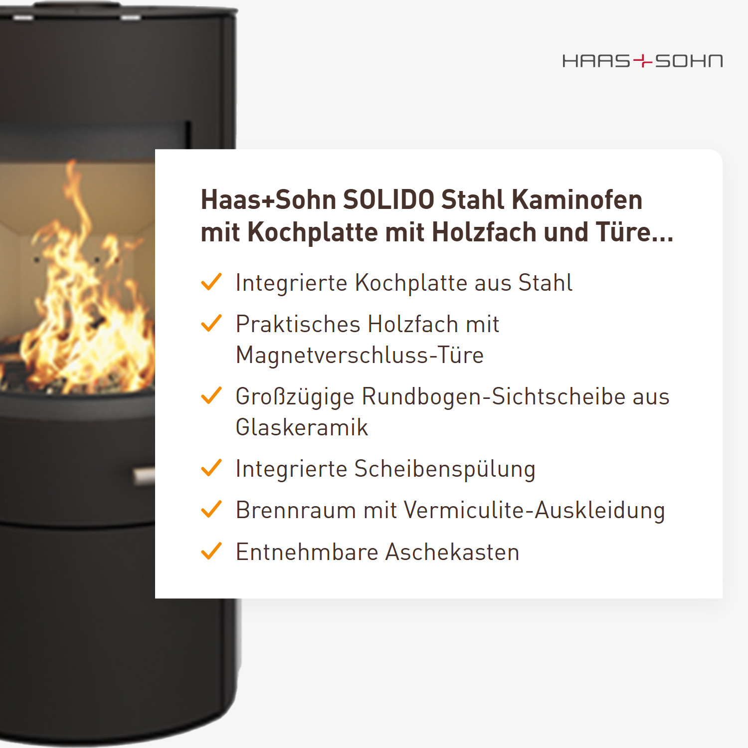 Haas+Sohn SOLIDO Stahl Kaminofen mit Kochplatte mit Holzfach und Türe tief-schwarz