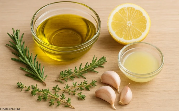 Zutaten für eine Marinade: Knoblauchzehen, Öl, Zitrone und Kräuter